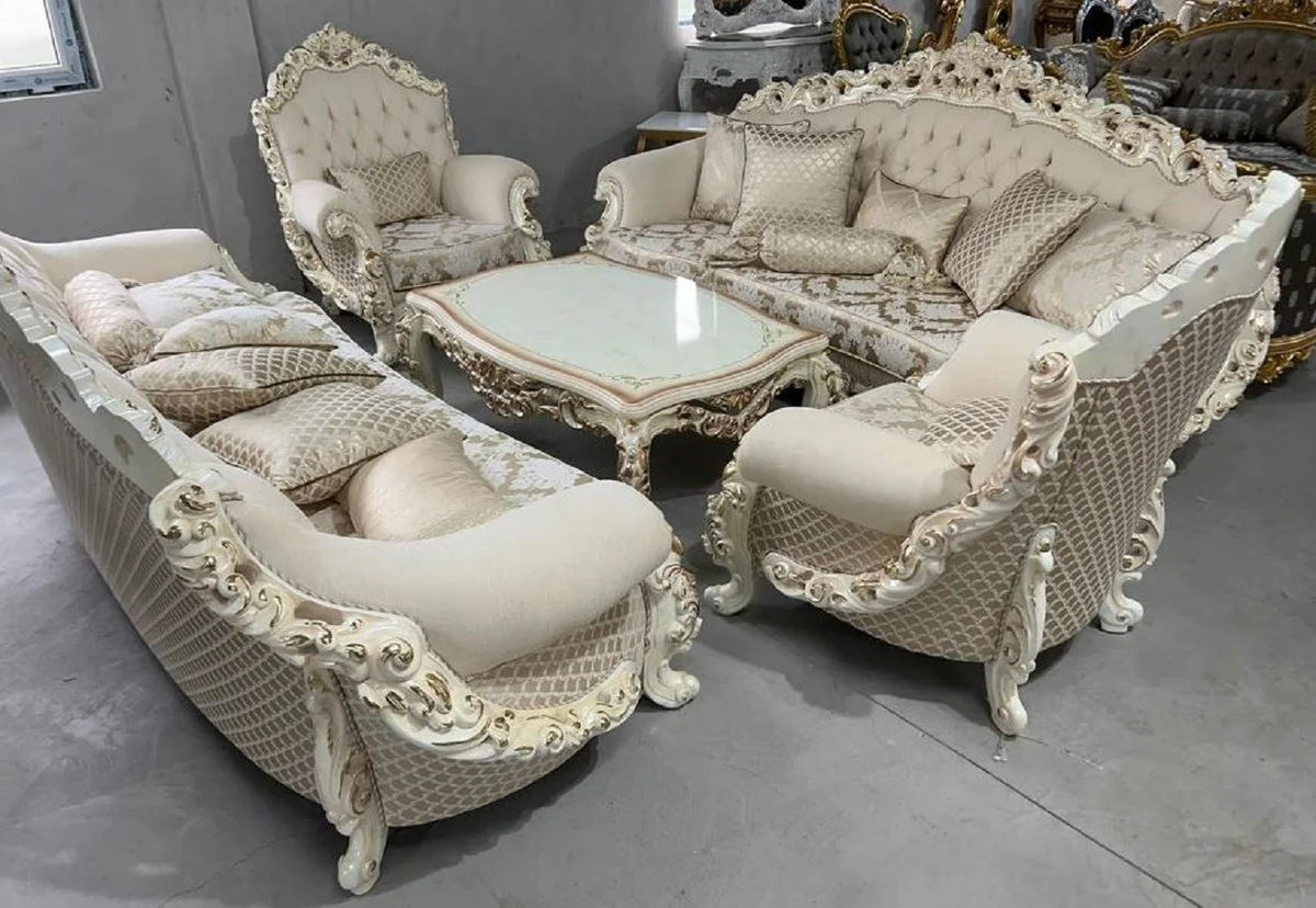 Luxury Baroque Living Room Set Cream / White / Gold - 2 Baroque Sofas & 2 Baroque Armchairs & 1 Baroque Coffee Table - Luxury Living Room Furniture in Baroque Style - Baroque Furniture - Noble & Magnificent