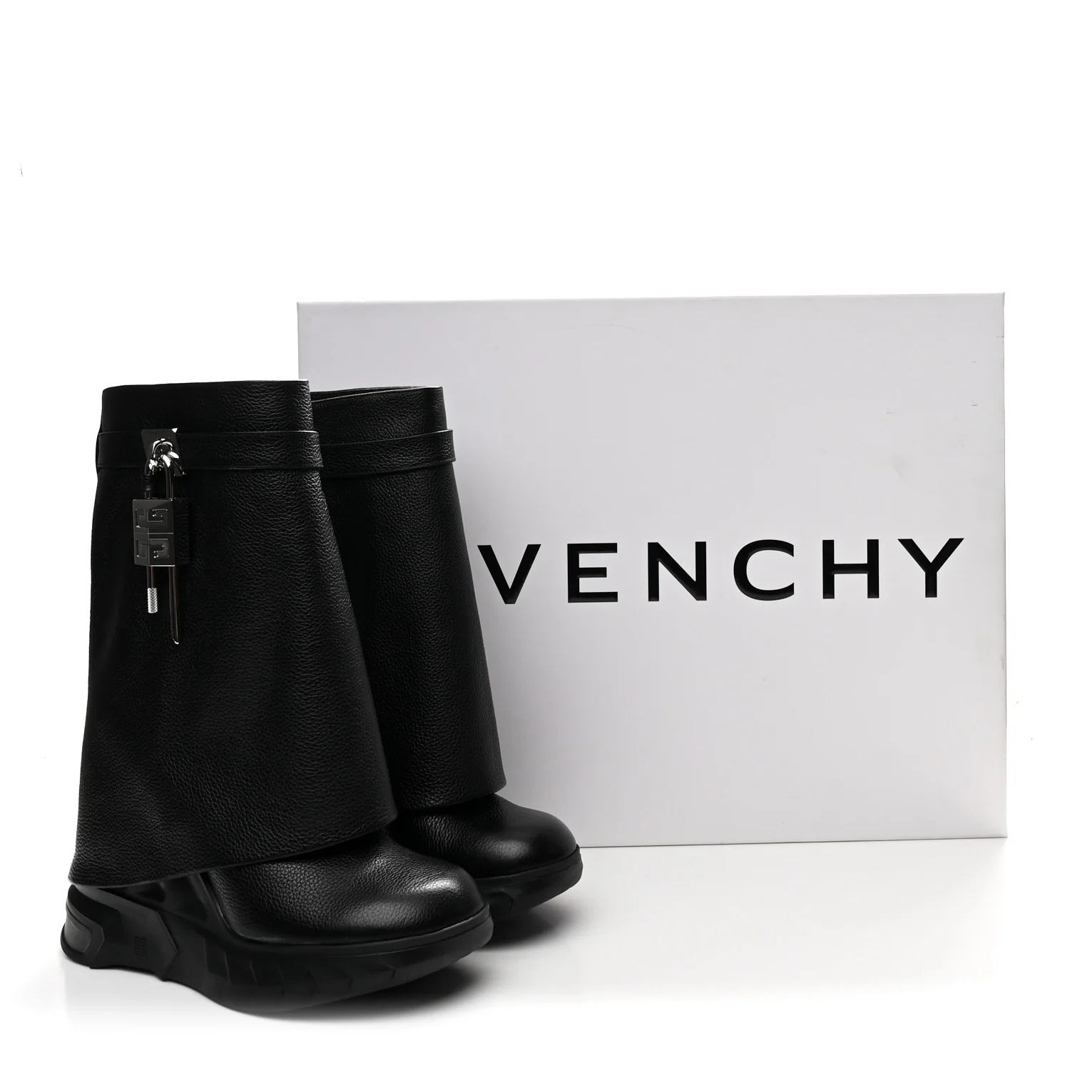 Grained Calfskin Shark Lock Biker Ankle Boots 38 Black - Top Club