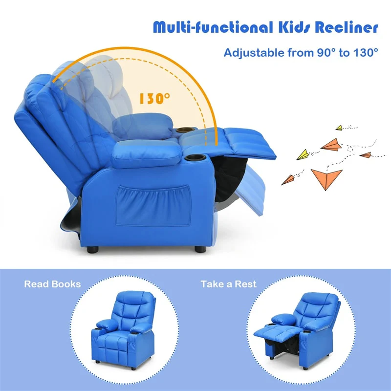 Kids Recliner Chair PU Leather Adjustable Lounge Sofa with Cup Holder, 3 Pockets & Retractable Footrest, Ergonomic Toddler Furniture Sofa