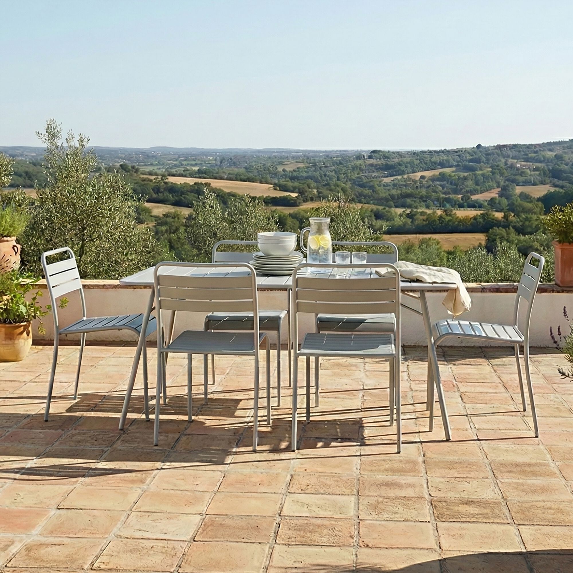 SOURIS - Ensemble table et chaises de jardin en acier - gris vésuve (6 places)