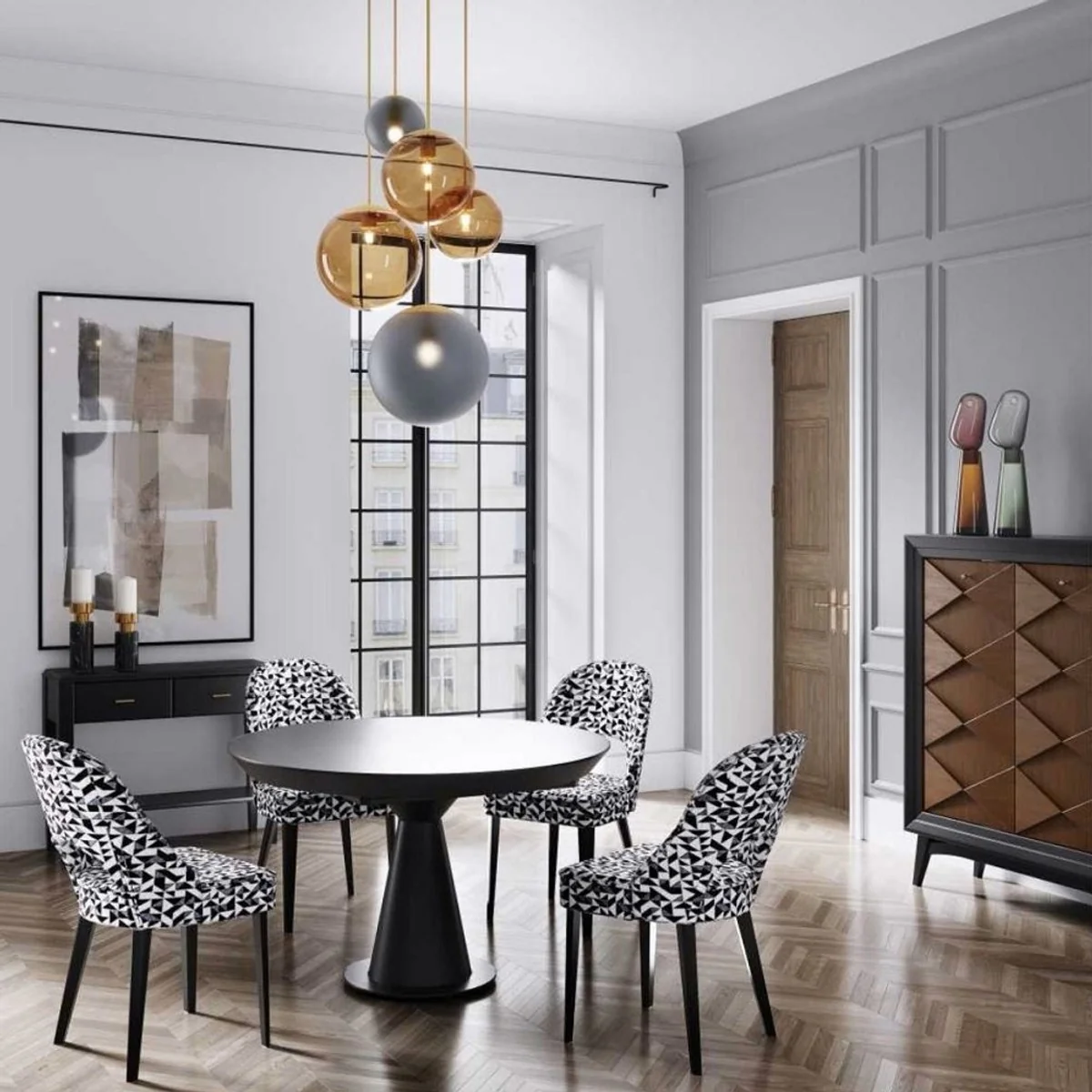 Luxury Art Deco dining room chair white / gray / black 49 x 61 x H. 89 cm - Art Deco kitchen chair with pattern - Dining room furniture - Luxury furniture - Art Deco furniture - Luxury furnishings