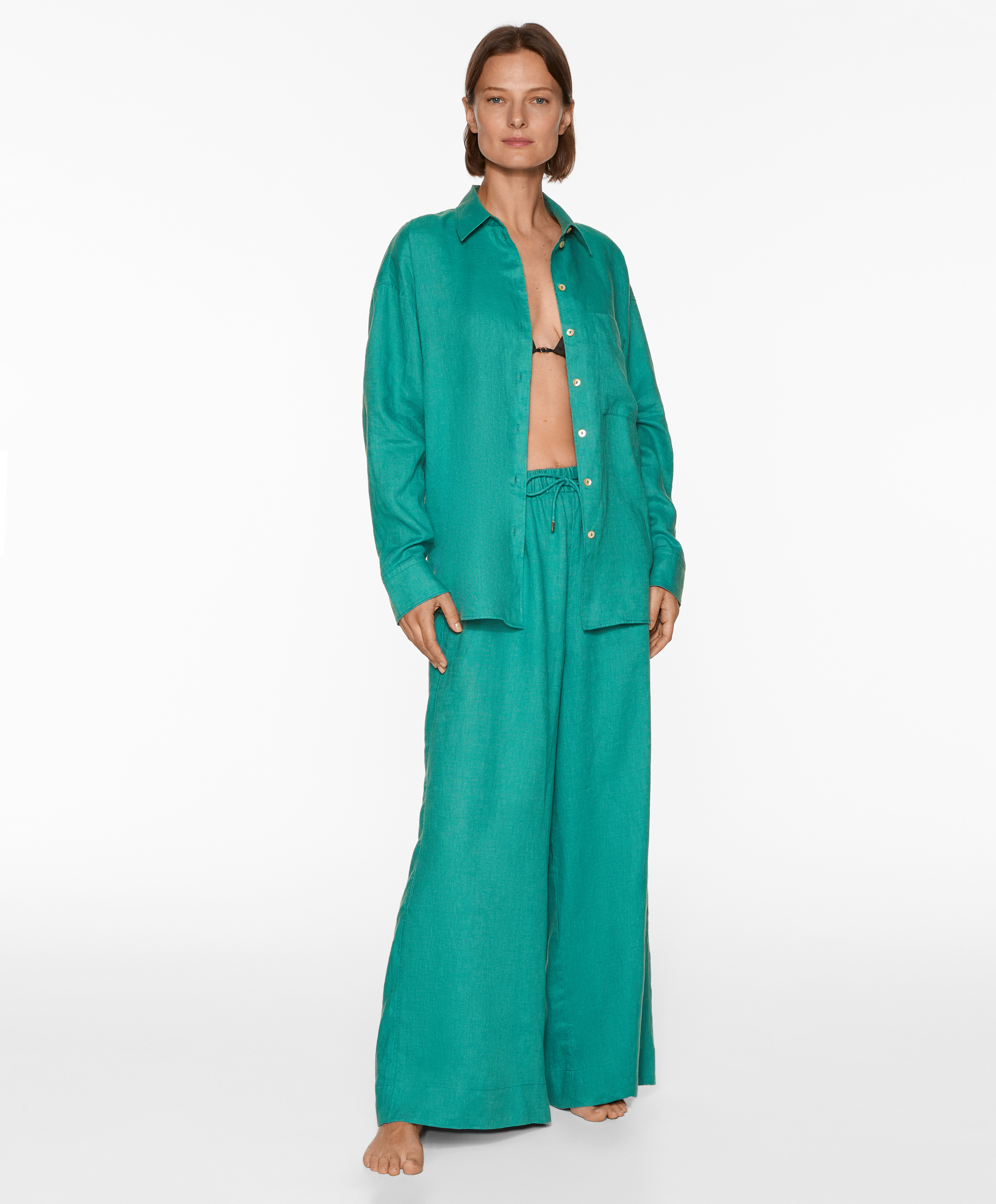 OYSHO 100% linen wide straight-leg trousers