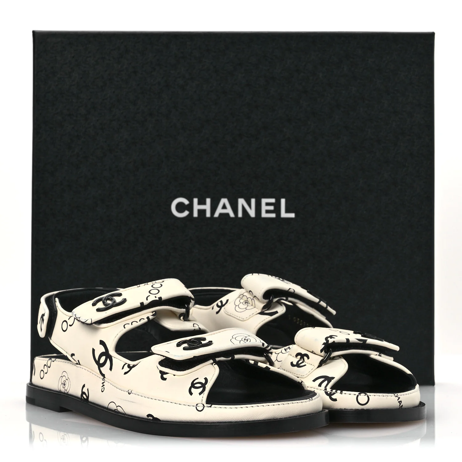 Lambskin Printed CC Velcro Dad Sandals 37.5 White Black - Top Club