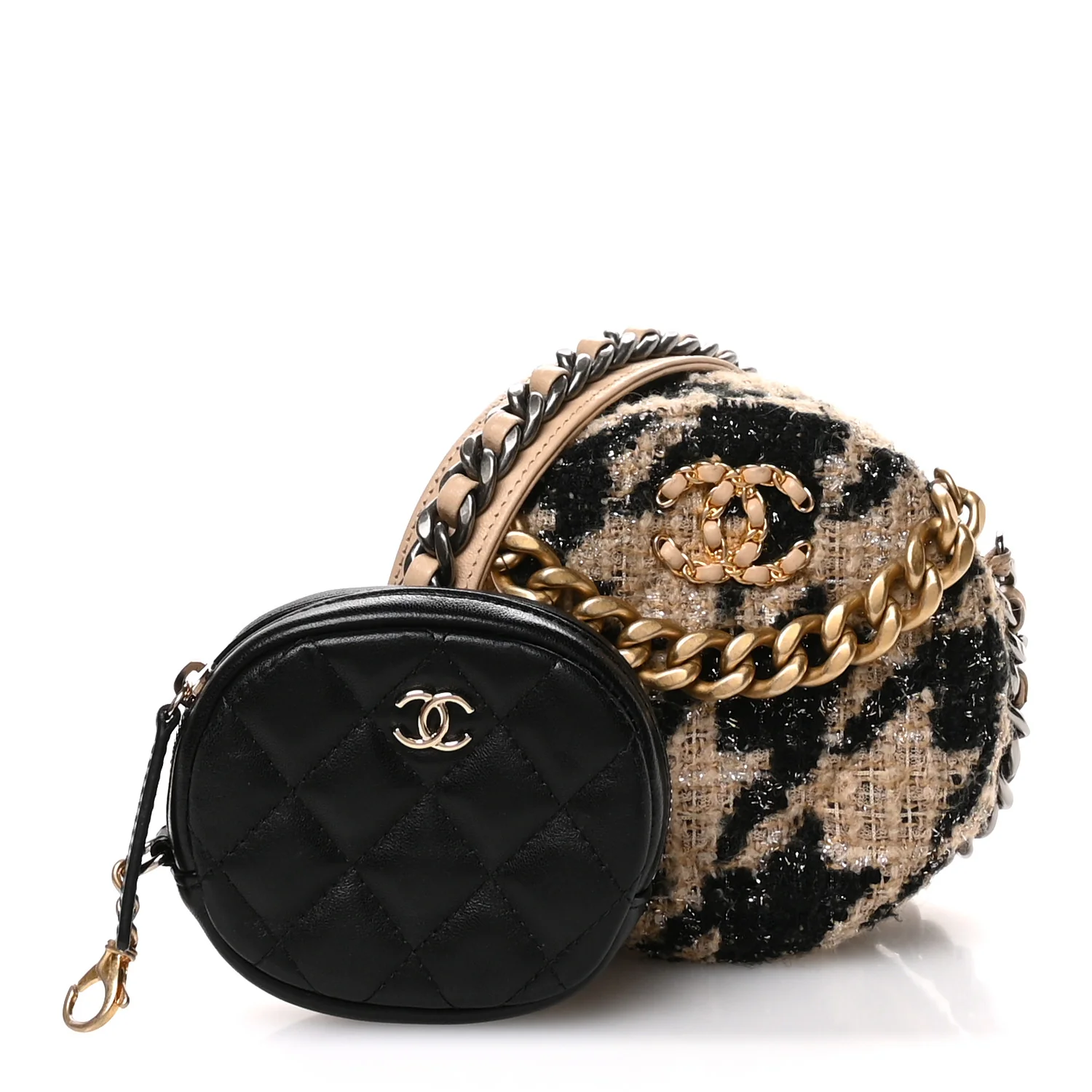 Wool Tweed Lambskin Quilted Chanel 19 Round Clutch With Chain and Coin Purse Beige Black - Top Club
