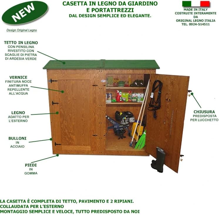 Casetta Portattrezzi In Legno Da Giardino Box Attrezzi per Esterno ripostiglio capanno MADE IN ITALY Mod. Bonifato Ingombro 172x72xH185 Int. 162x62xH185