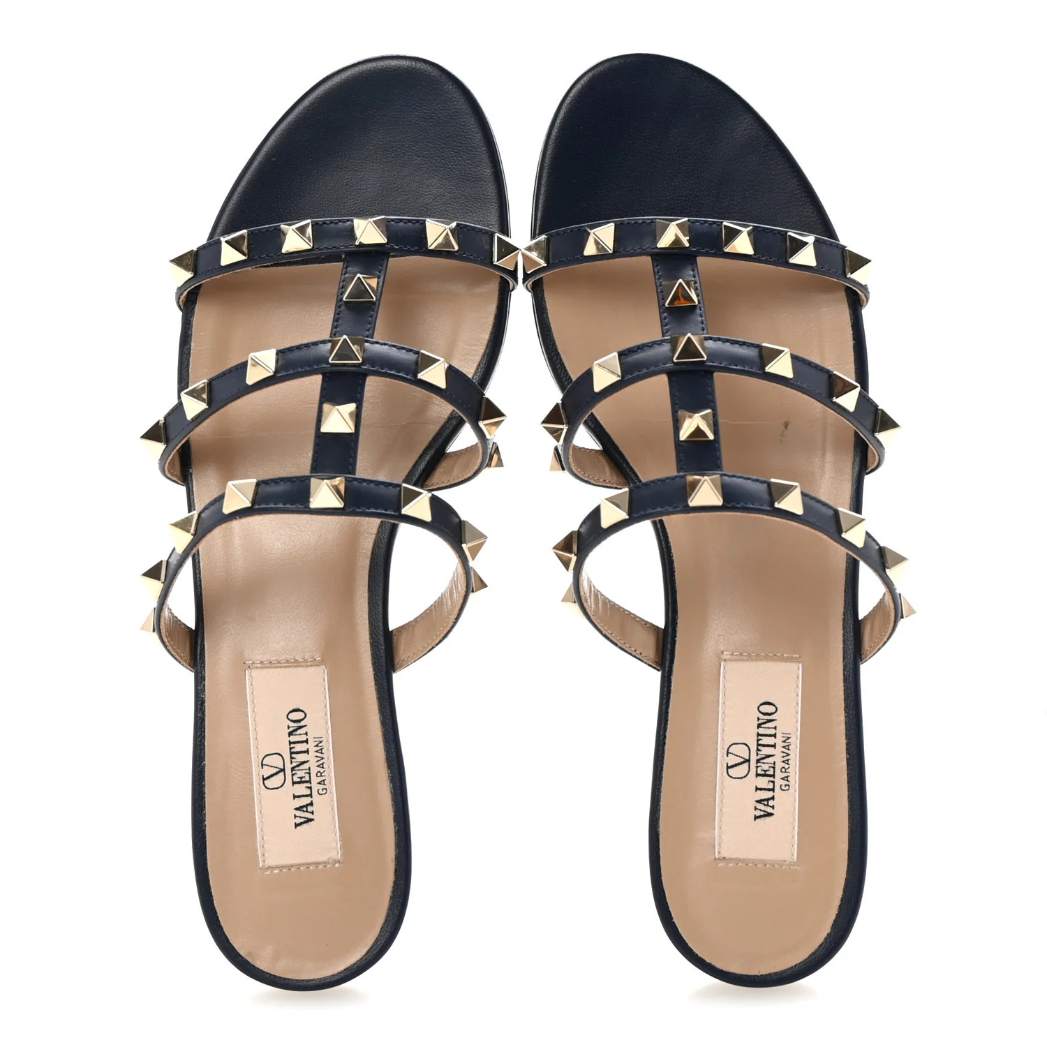 Nappa Rockstud Caged Flat Slide Sandals 35 Marine