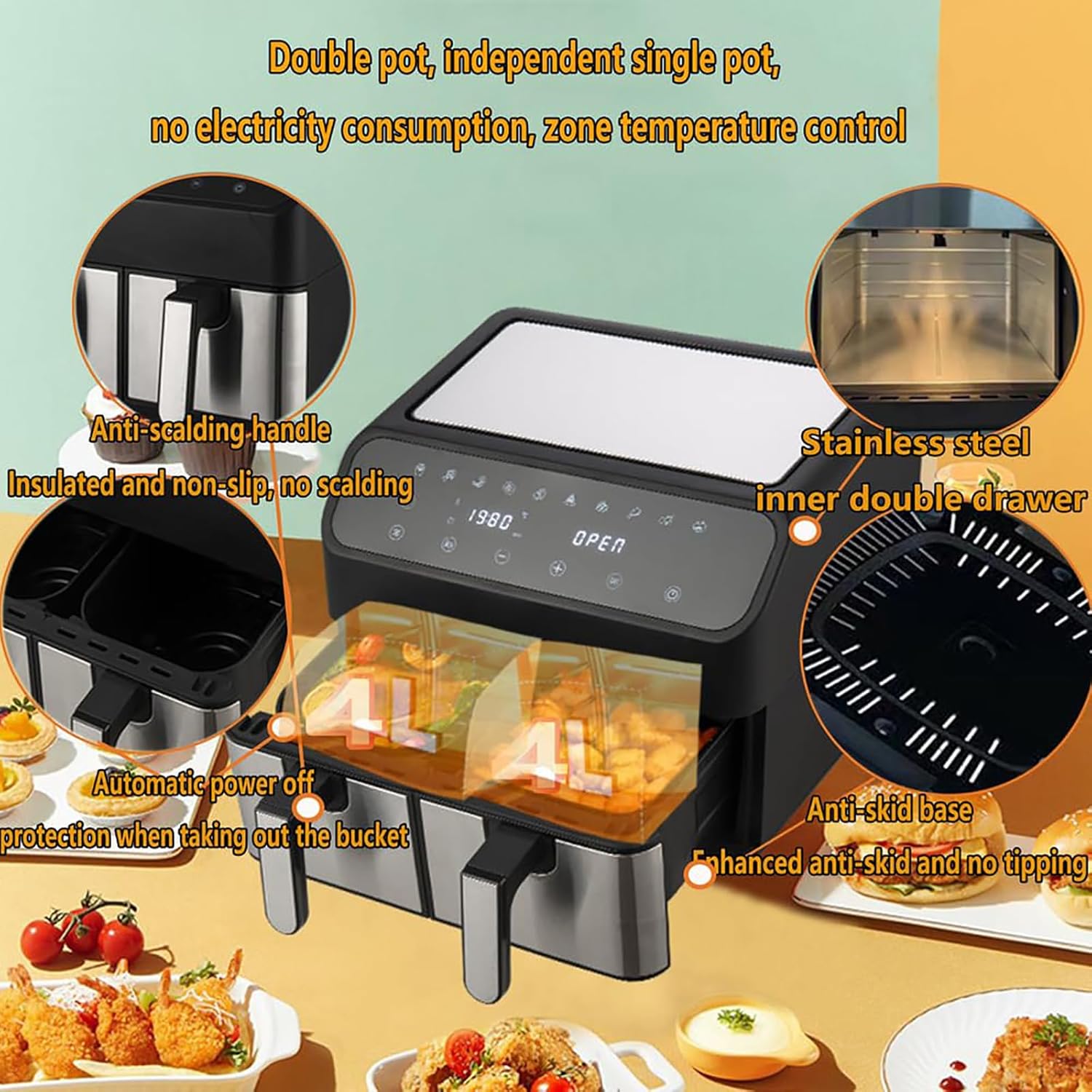 1000W Friggitrice Doppia ad Aria con Display LCD, Friggitrice ad Aria Combinata da 8 Litri con Timer e Controllo a Temperatura da 80 �?a 200 �? Forno Multifunzione a Doppia Friggitrice ad Aria