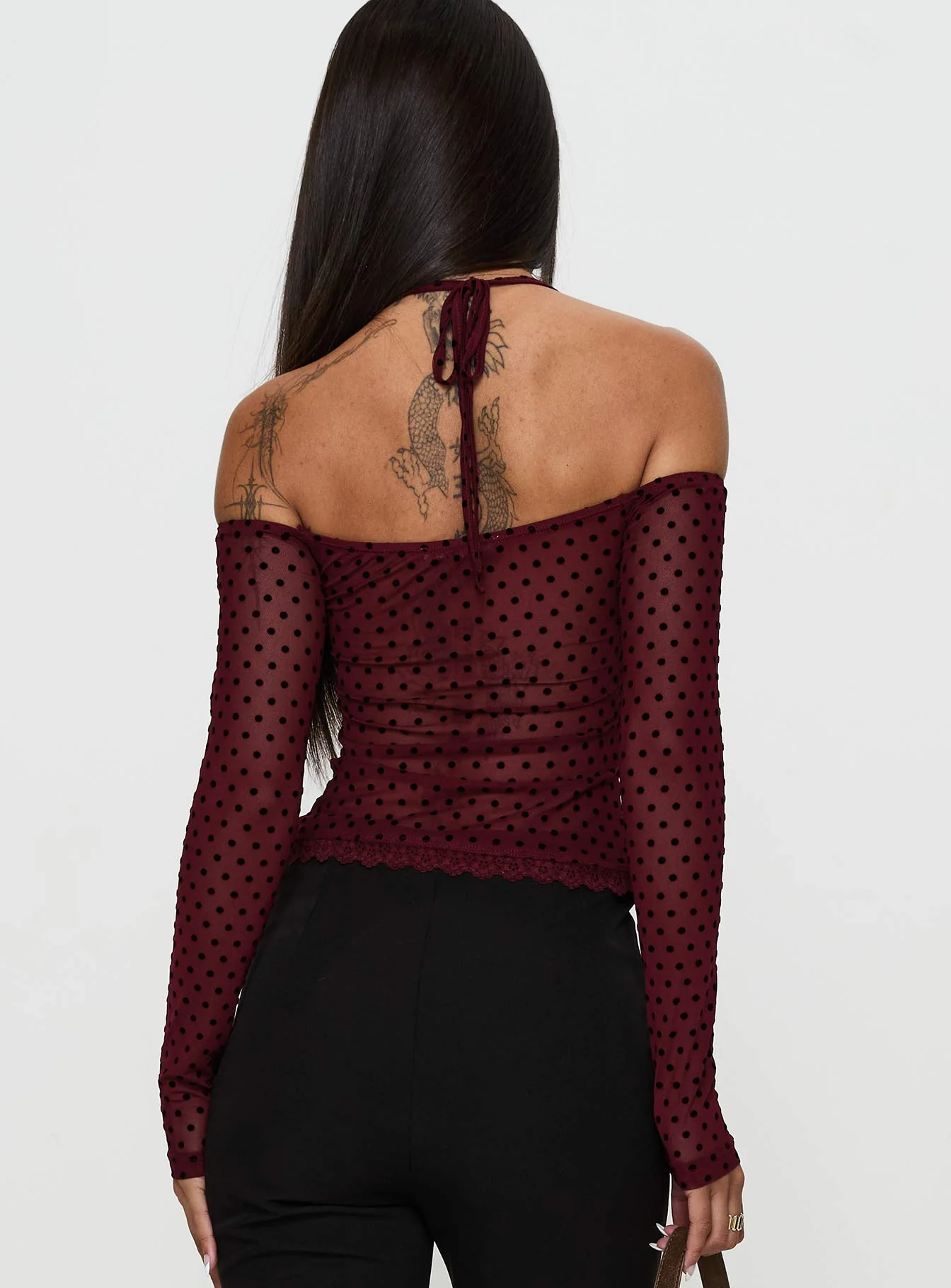 On My Side Off Shoulder Tie Neck Top Burgundy