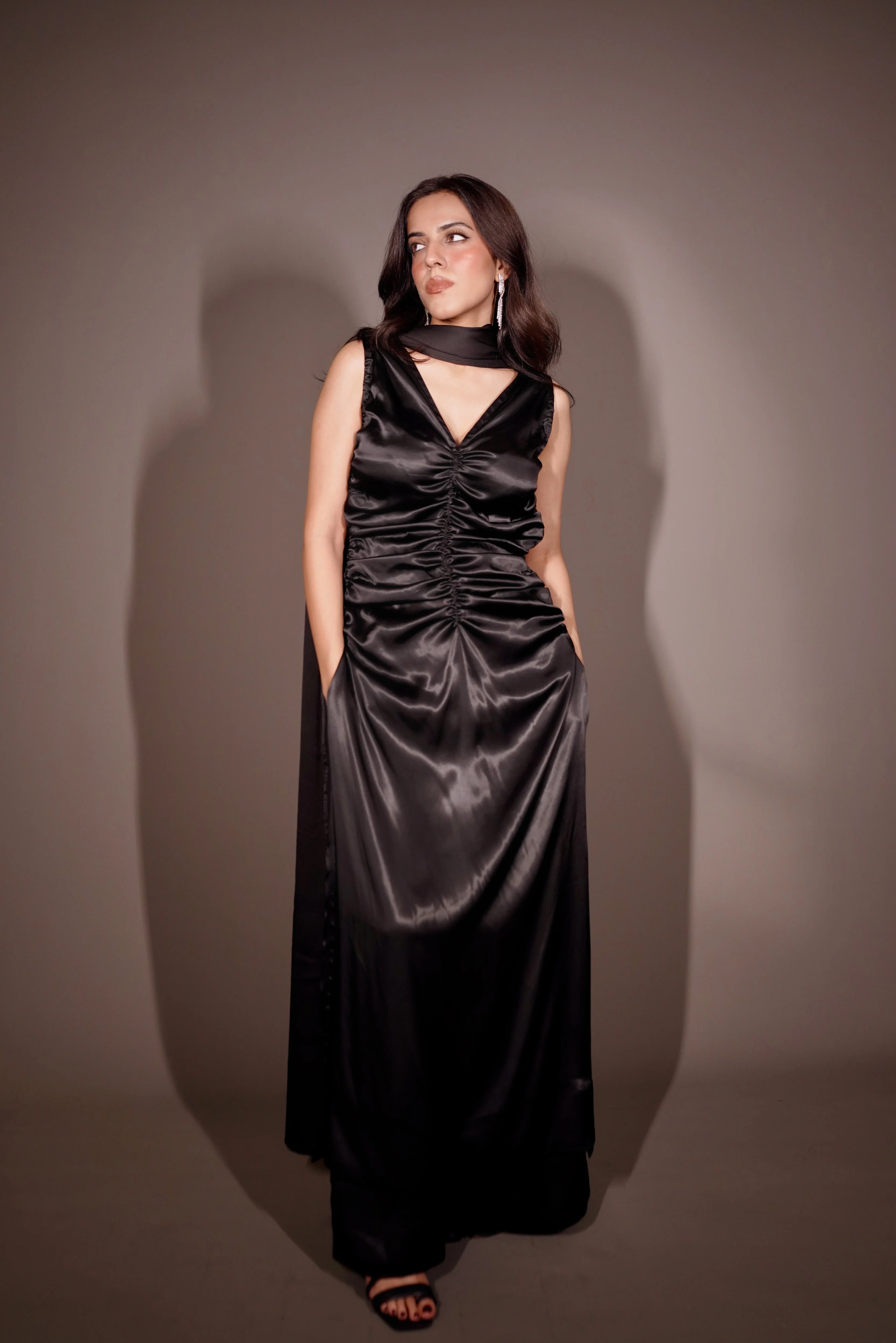 Black Satin Ruched 3 Piece Set - XYPARS