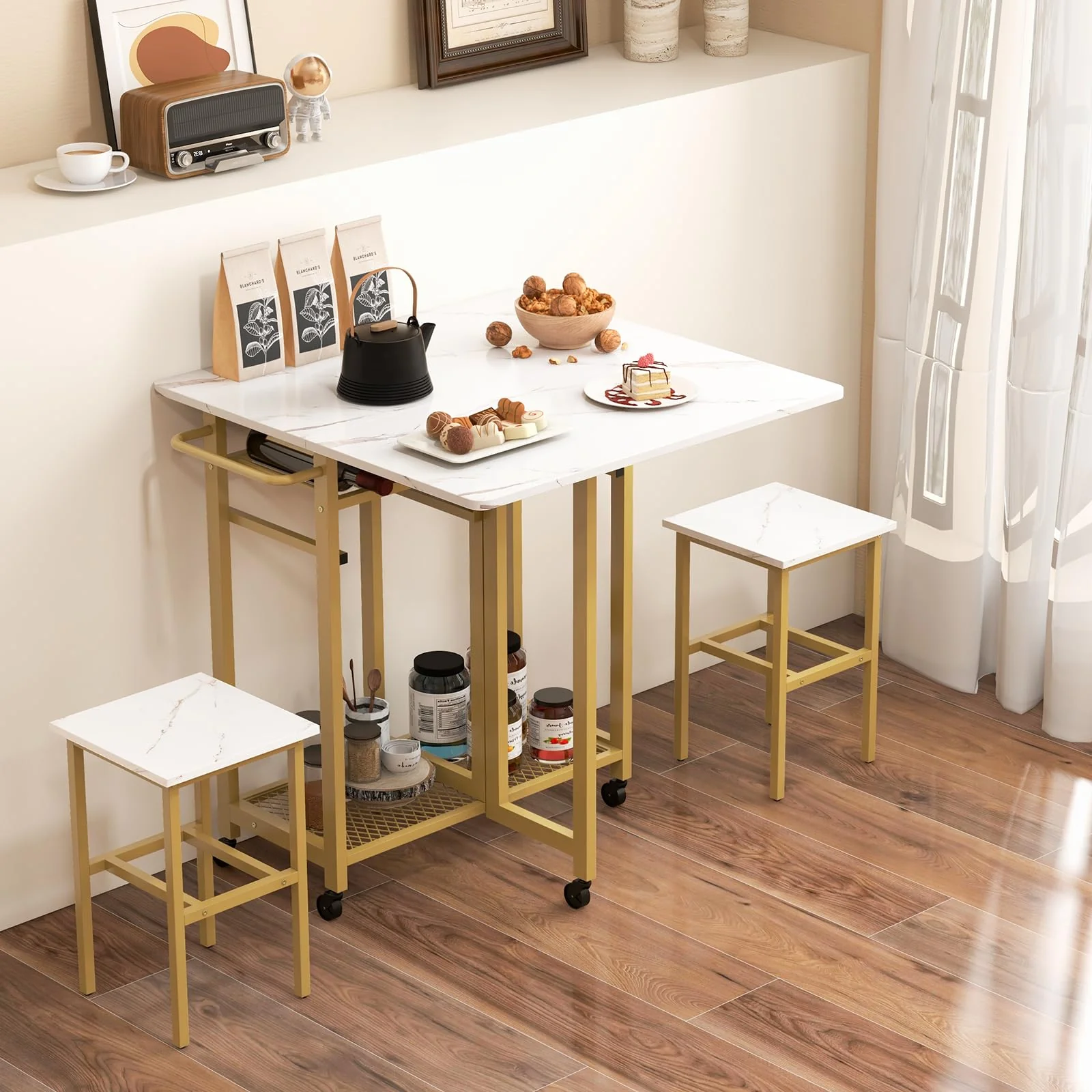 BEFOUNDLOVELY Extendable Dining Table & 2 Stools Set w/ 6-Bottle Wine Rack, Shelves & Side Pushing Handle