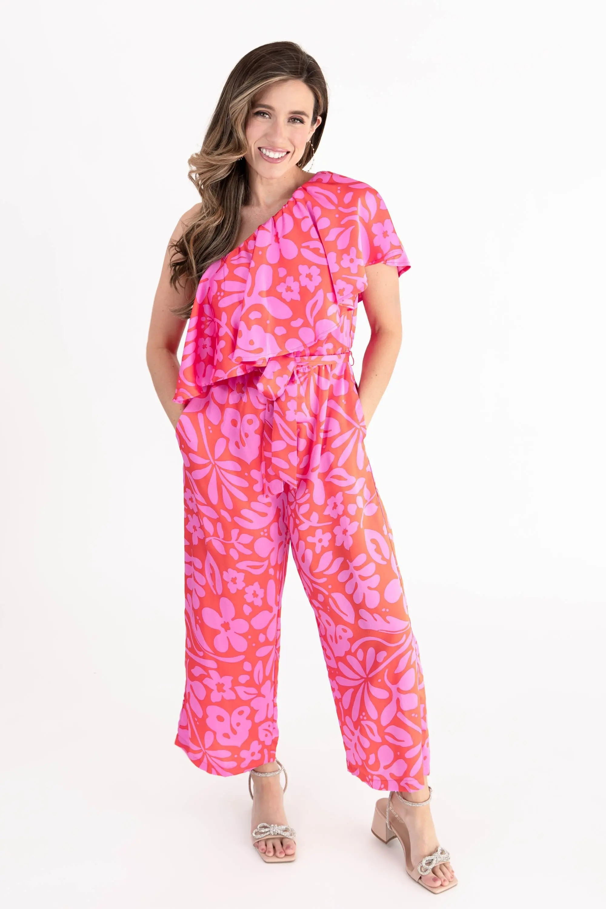 Coral One Shoulder Ruffle Cropped Jumpsuit - ALJEGJ