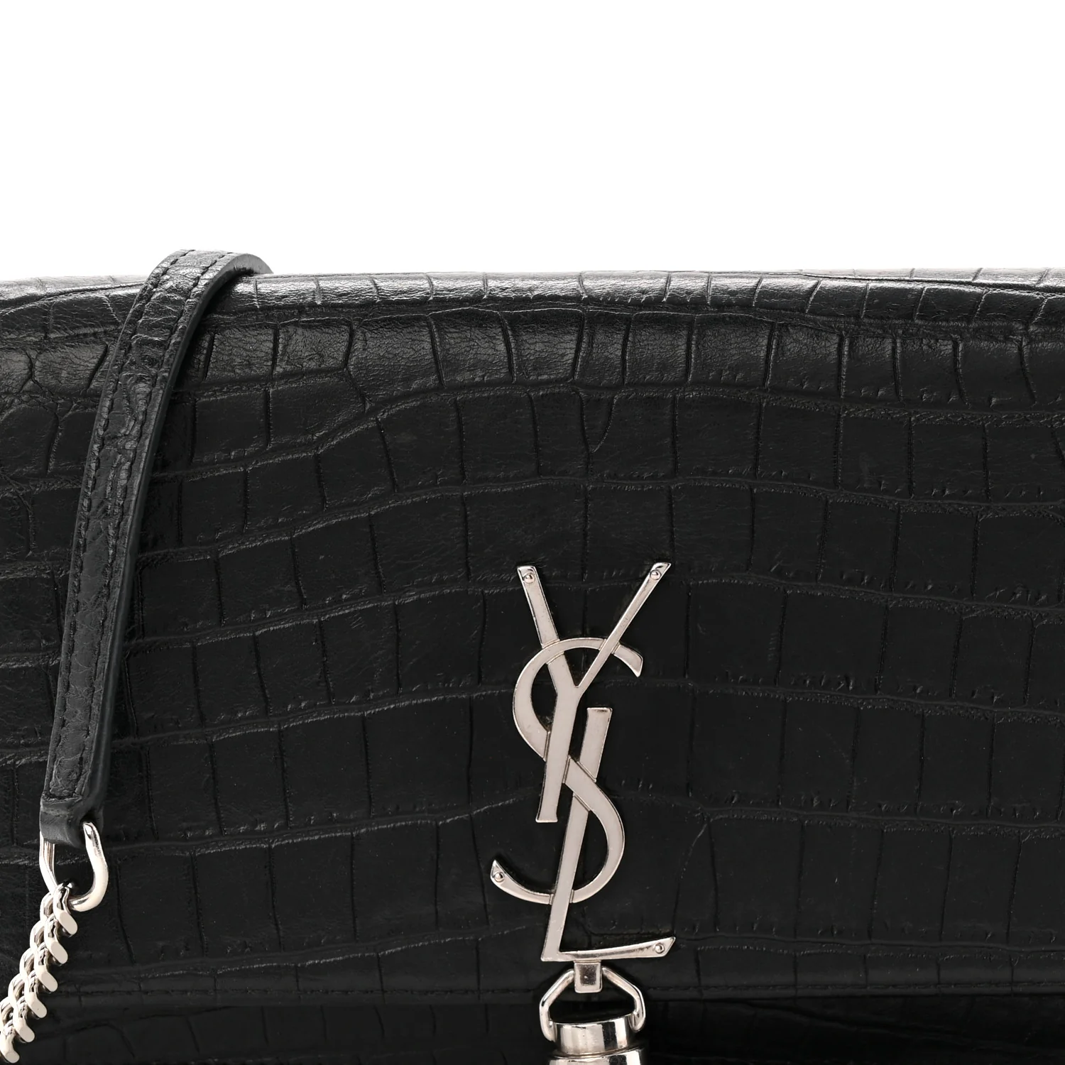 Calfskin Crocodile Embossed Kate Monogram Tassel Chain Wallet Black - Top Club