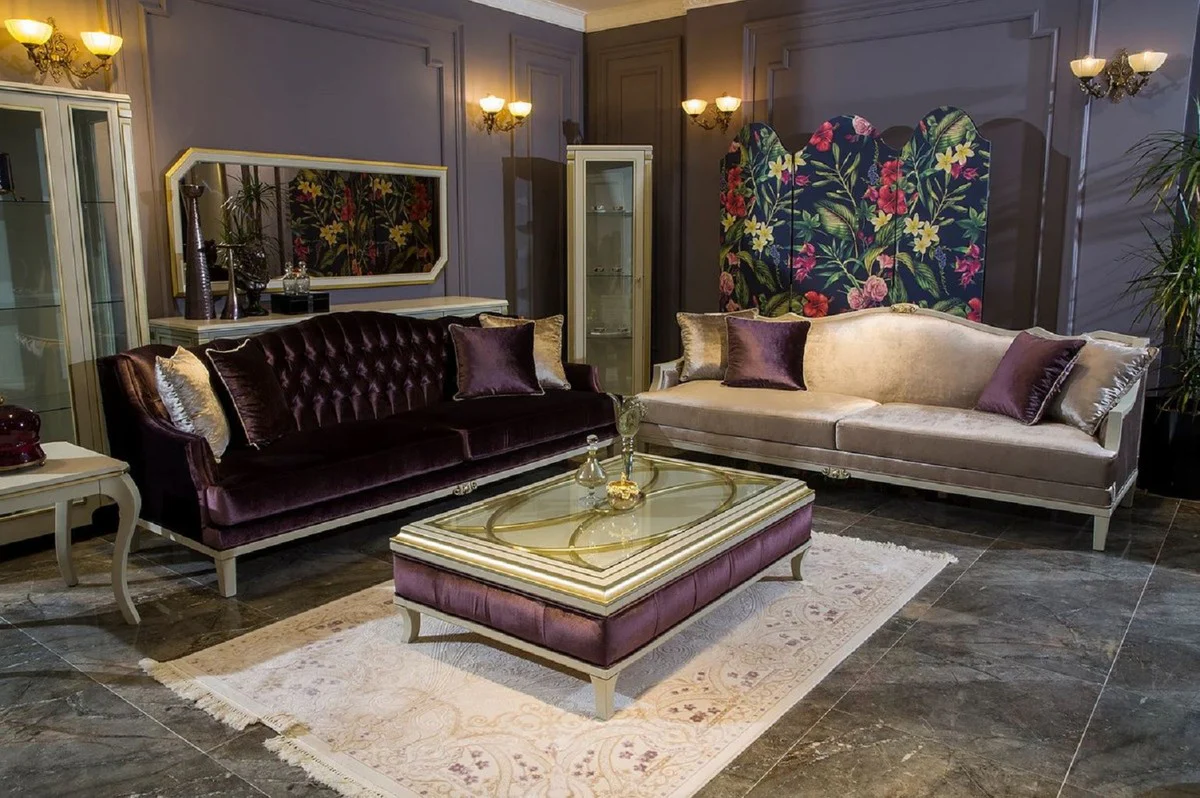 Luxury baroque living room set purple / pink / white / gold - 2 baroque sofas & 2 baroque armchairs & 1 baroque coffee table - living room furniture in baroque style - baroque furniture - baroque furnishings