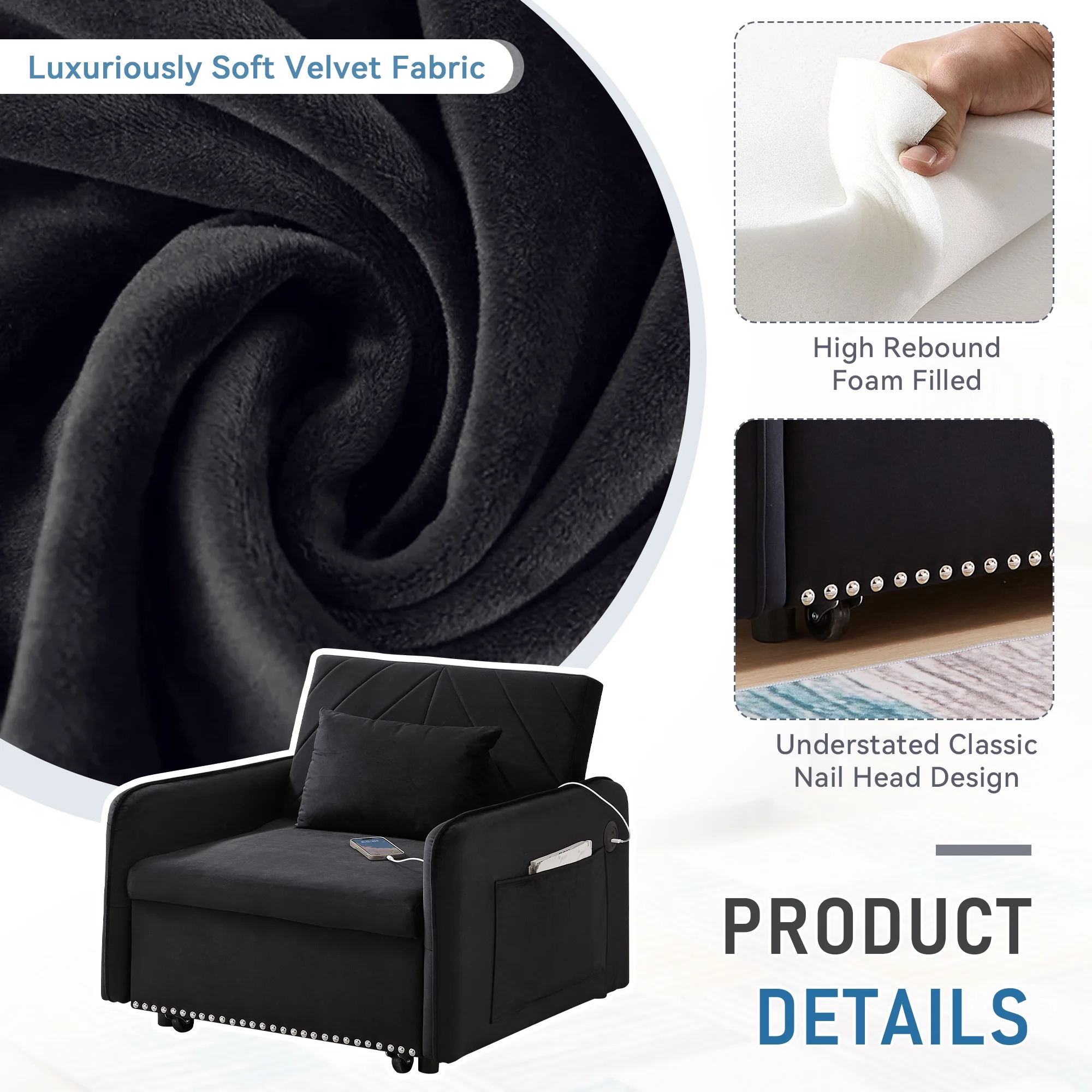 Lunale 3 - in - 1 Convertible Sleeper Chair Bed, Indoor Lounge Chair with USB/Type - C Charging Ports, Modern Recliner Sofa for Living Room, Gray Velvet