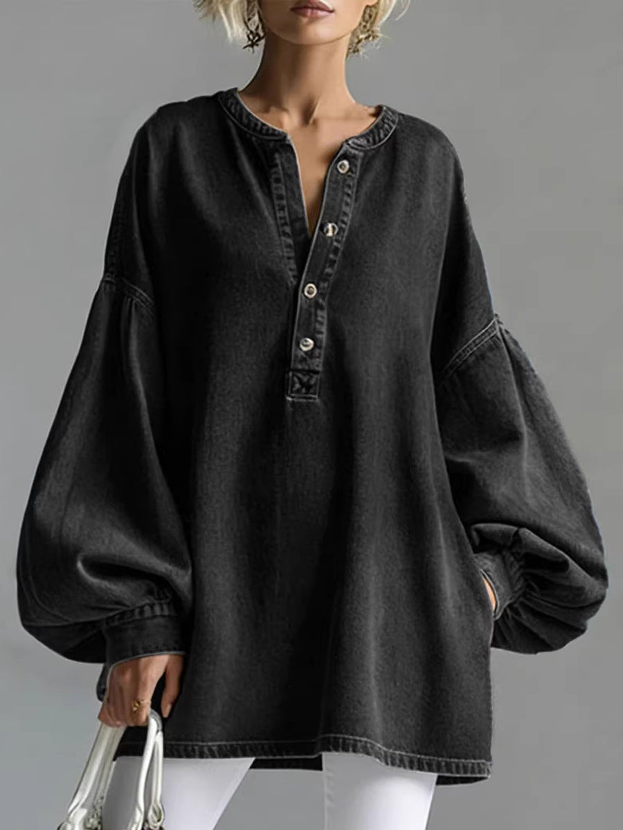 Long Sleeves Loose Buttoned Split-Joint Round-Neck Blouses&Shirts Tops - Nordfashionstorm - Women's Clothing, Fashion for You - Nordfashionstorm.com