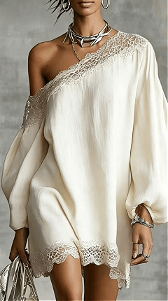 Women's solid color lace trim off-shoulder long-sleeved dress - Nordfashionstorm - Women's Clothing, Fashion for You - Nordfashionstorm.com
