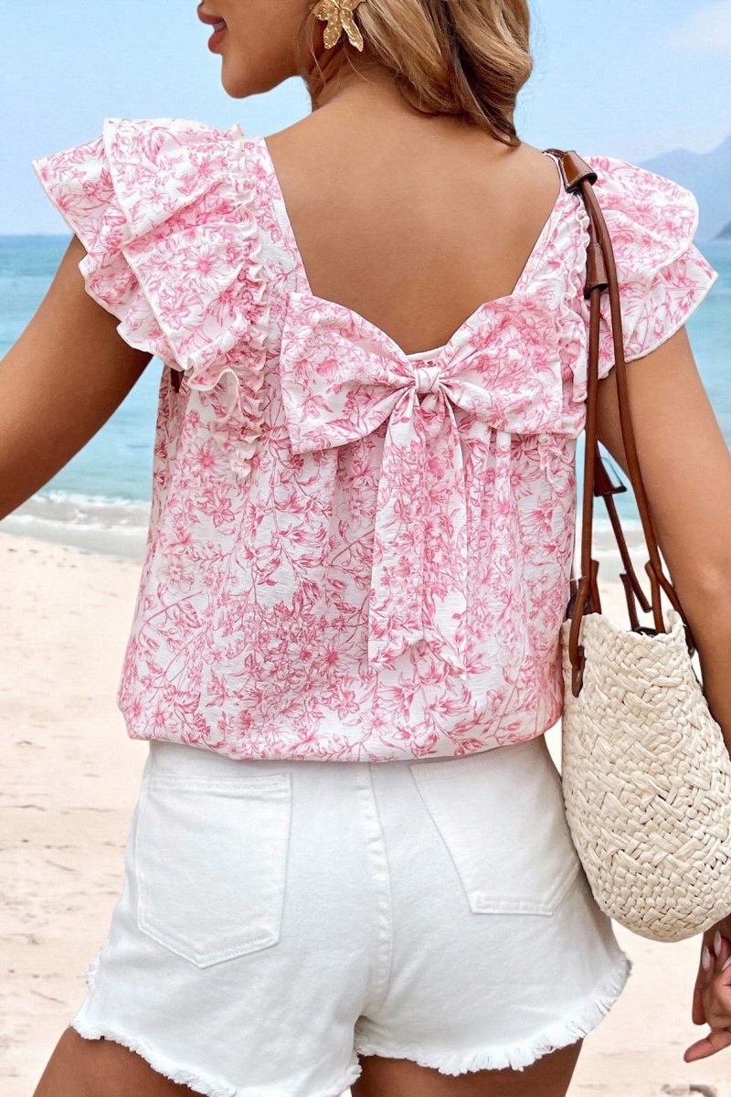 Women's Casual Floral Shirt — Short Sleeve with Ruffles and Back Bow Tie - Nordfashionstorm - Women's Clothing, Fashion for You - Nordfashionstorm.com