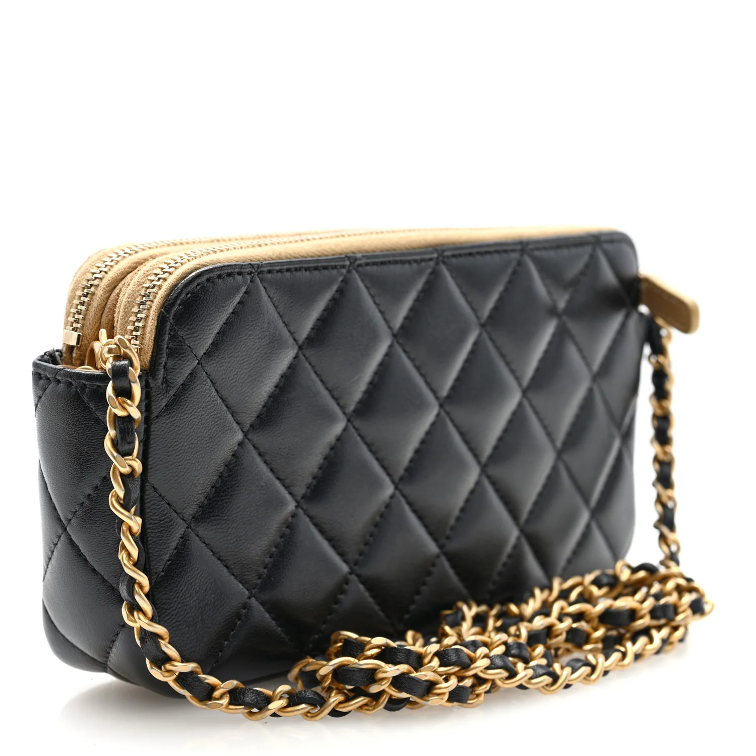 Suede Shiny Lambskin Quilted Phone Holder With Chain Black Beige - Top Club
