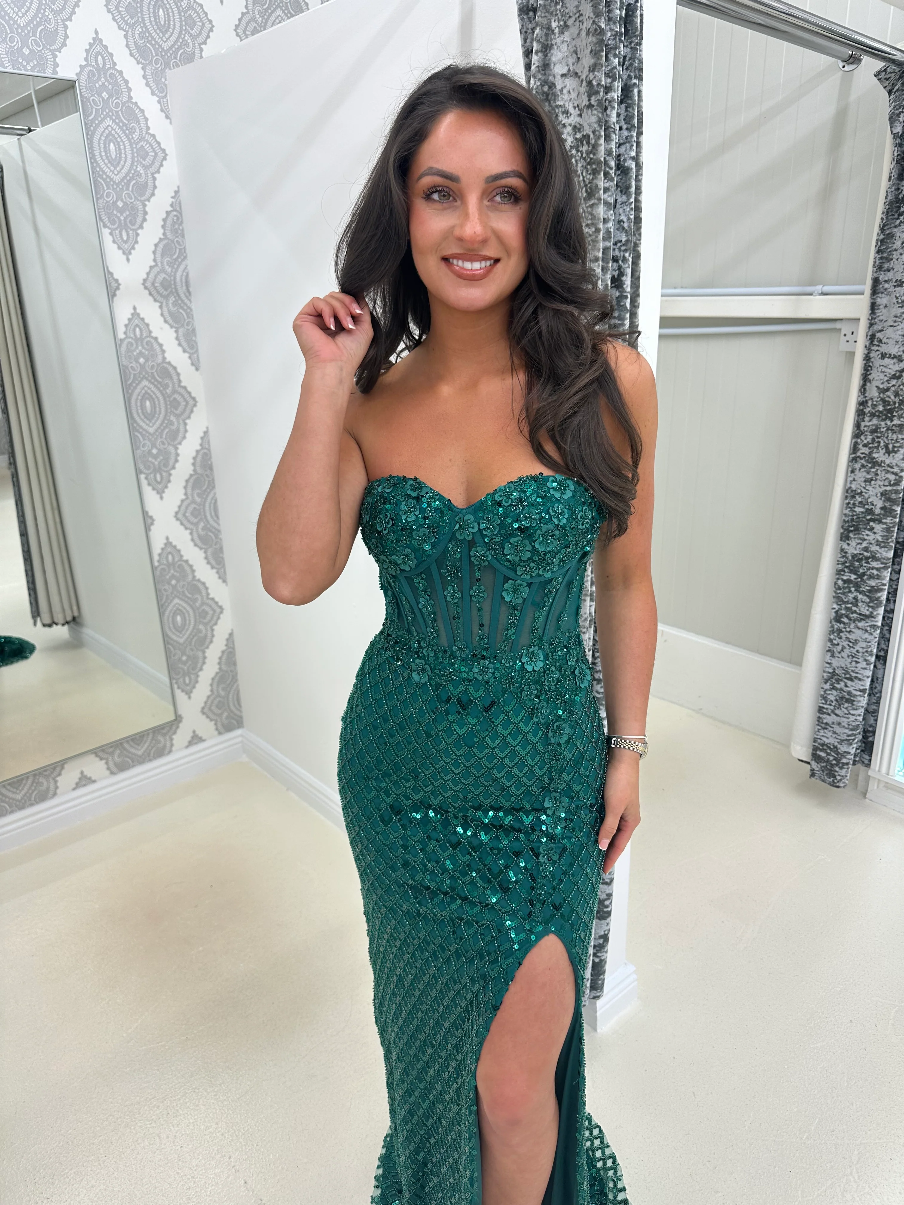 Emerald Green Full Sequin Strapless Sweetheart Gown
