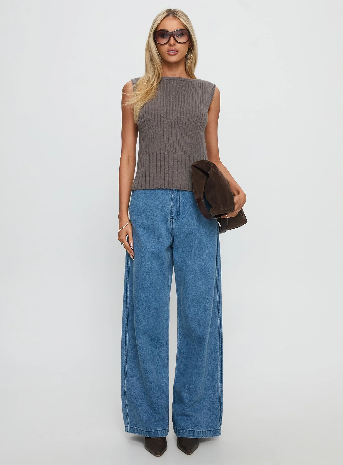 Peerless Ribbed Sleeveless Top Charcoal