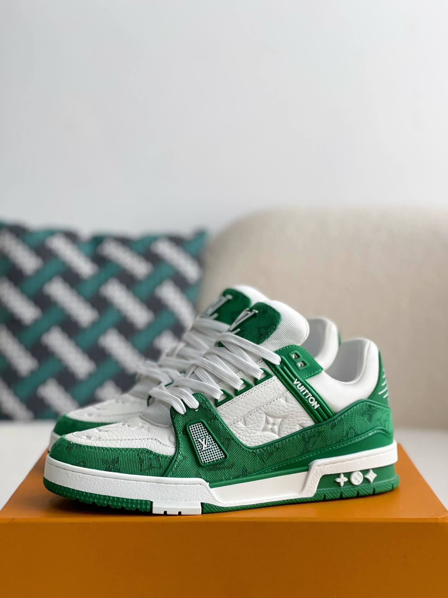 Louis Vuitton Trainer Monogram Green White Denim Sneakers - Sneaker Replica Workshop