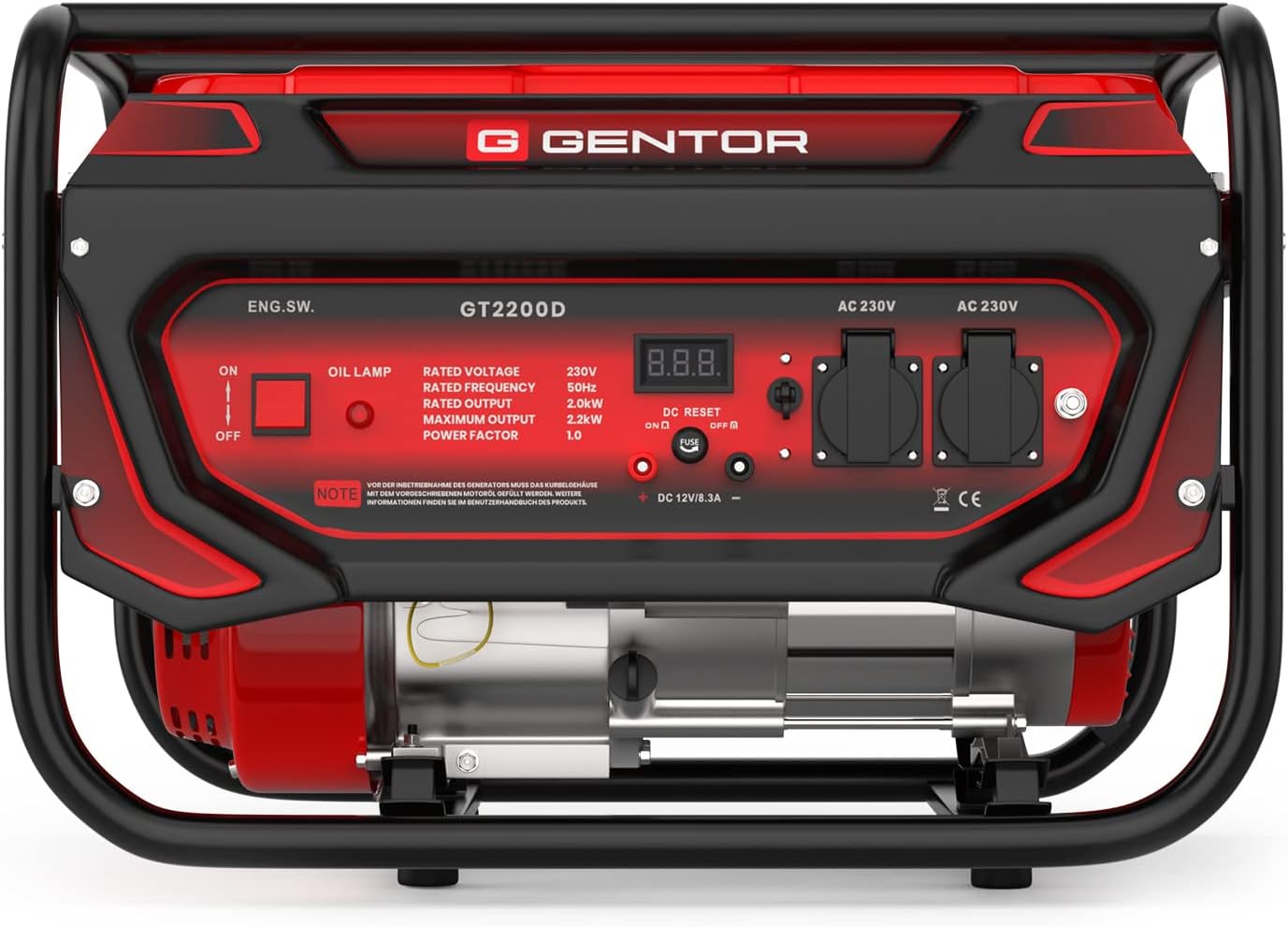 GENTOR Generatore di corrente di emergenza GT2200D 2200 Watt 7.0PS a benzina silenzioso, 2x 230V, 1x 12V, avviamento a strappo, ampeggio