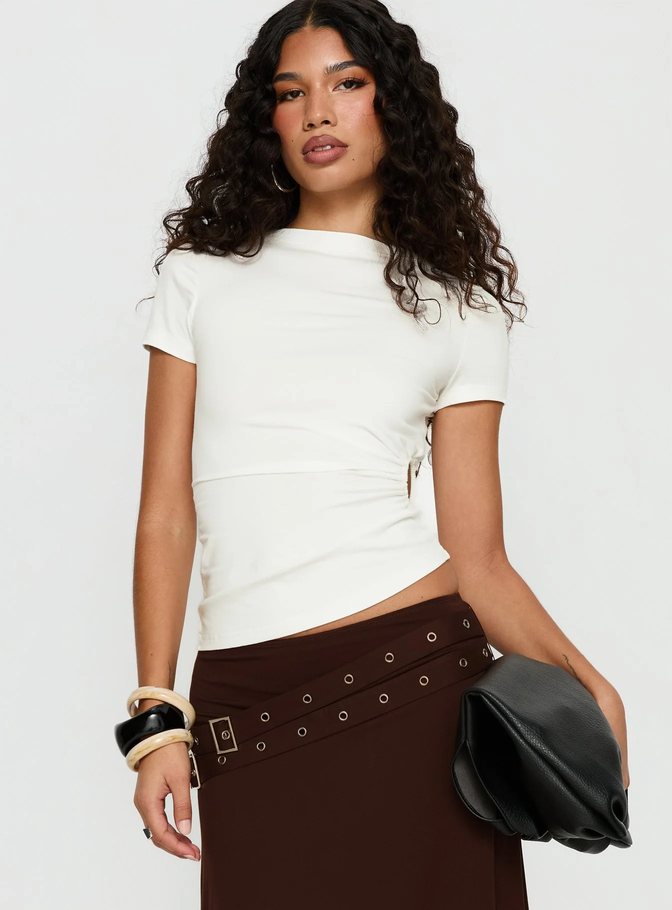 Lorensa Double Buckle Asymmetrical Midi Skirt Brown