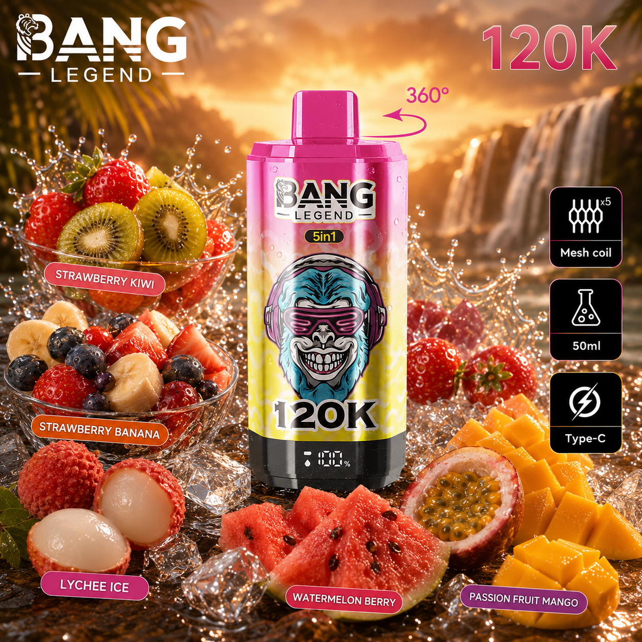 Jahoda a kiwi + Jahoda a banán + Ledové liči + Meloun a bobule + Maracuja a mango | Bang Legend vape 120 000 potahů