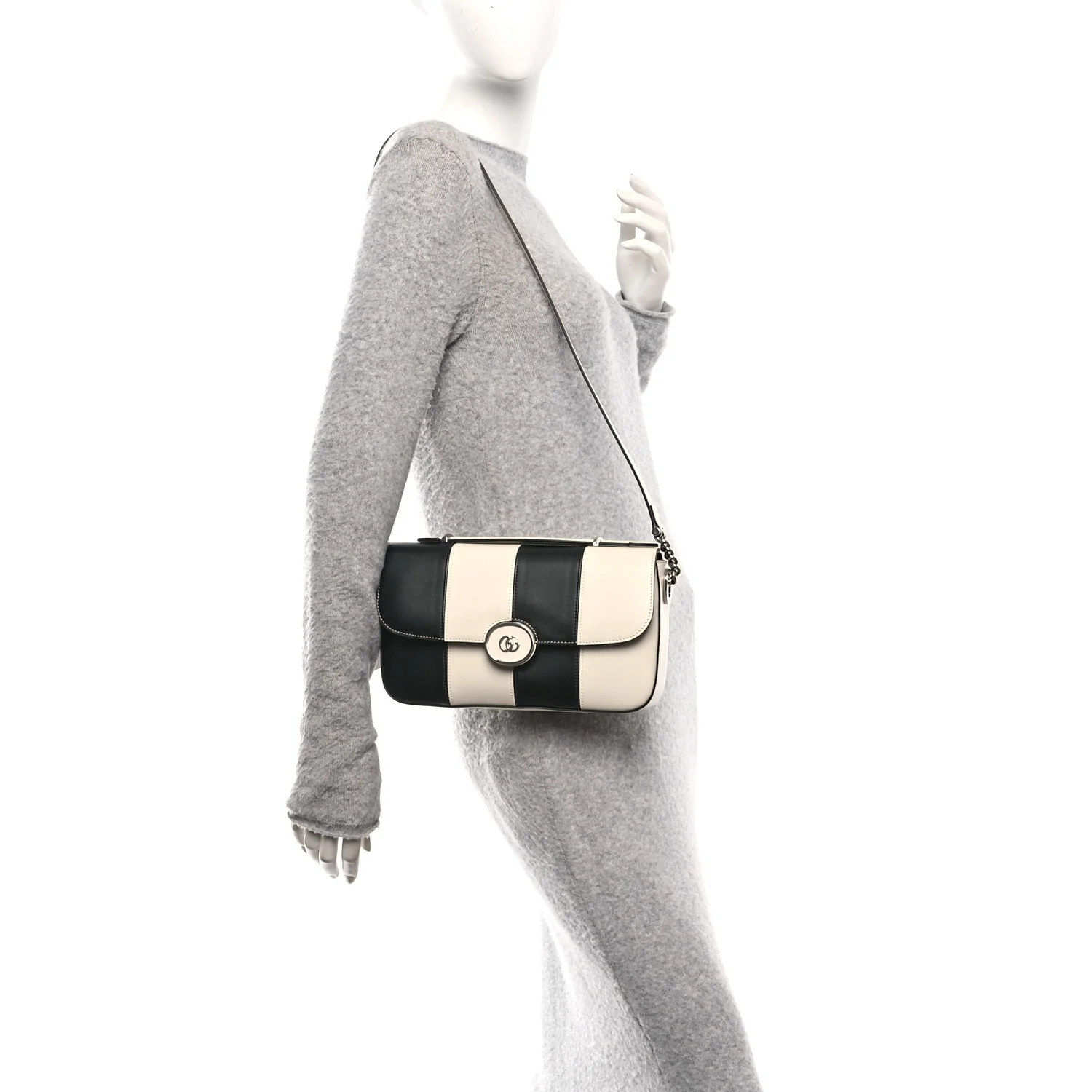 Senna Calfskin Lines Petite GG Top Handle Shoulder Bag Black Mystic White