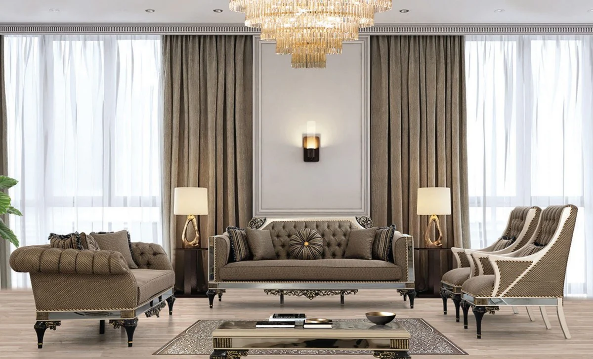 Luxury Baroque Living Room Set Brown / White / Black / Gold - 2 Sofas & 2 Armchairs & 1 Coffee Table - Living Room Furniture in Baroque Style - Noble & Magnificent