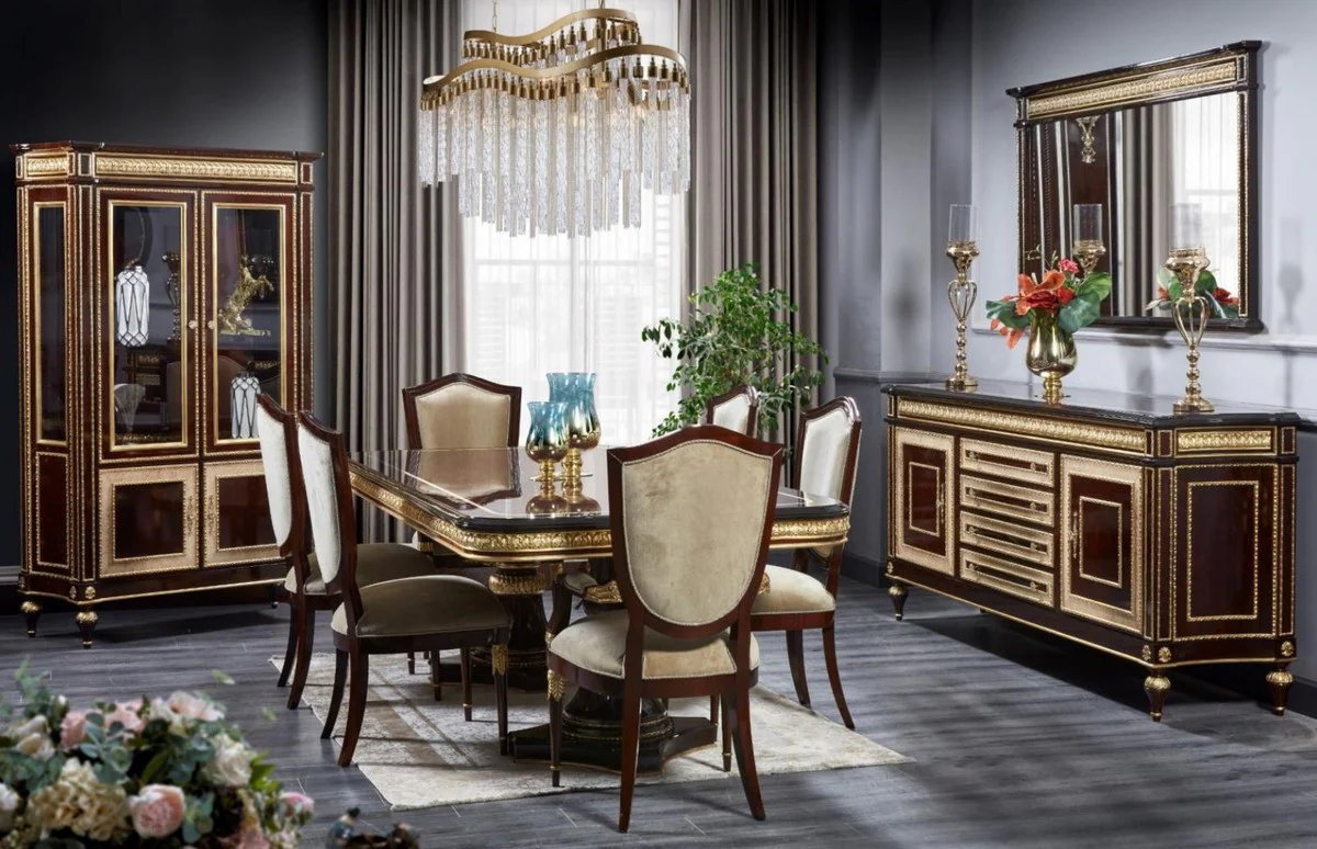 Luxury Baroque Dining Room Set Dark Brown / Gold - 1 Baroque Dining Table & 8 Baroque Dining Chairs - Luxury Dining Room Furniture in Baroque Style - Baroque Furniture - Noble & Magnificent