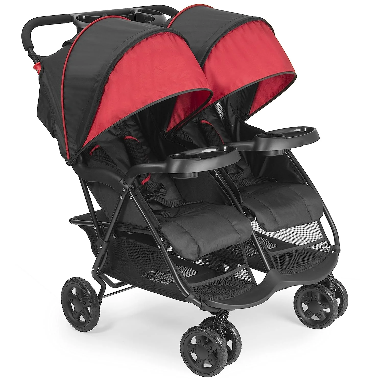 Double stroller for babies and toddlers |  Cloud Plus - easy to fold, adjustable seats, shelves for children and parents, large storage space, extendable canopies - red/black