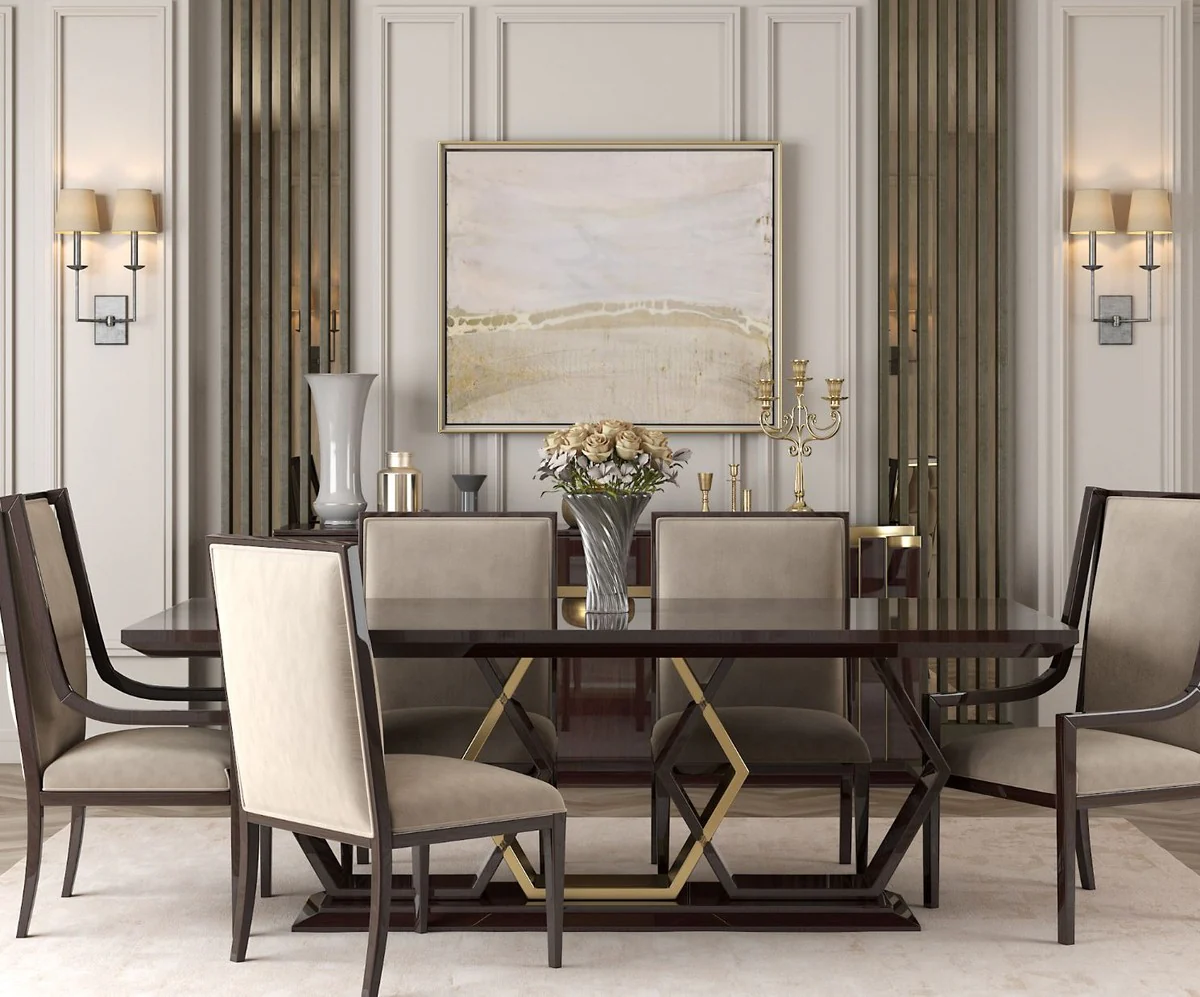 Luxury Art Deco dining room set beige / dark brown high gloss / gold - 1 dining room table & 6 dining room chairs - Art Deco dining room furniture - luxury quality