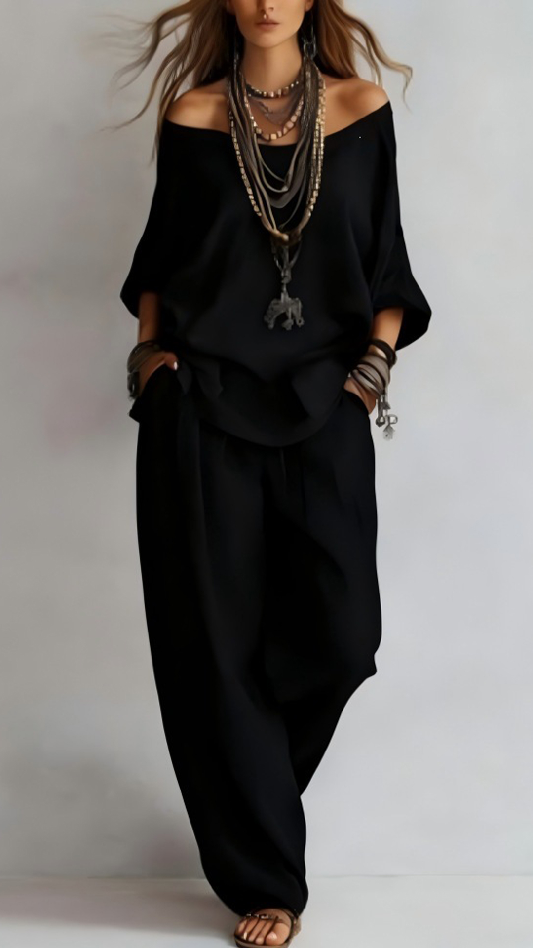 Women's Cotton-Blend Haze Blue Off-Shoulder Loose Set - Nordfashionstorm - Women's Clothing, Fashion for You - Nordfashionstorm.com