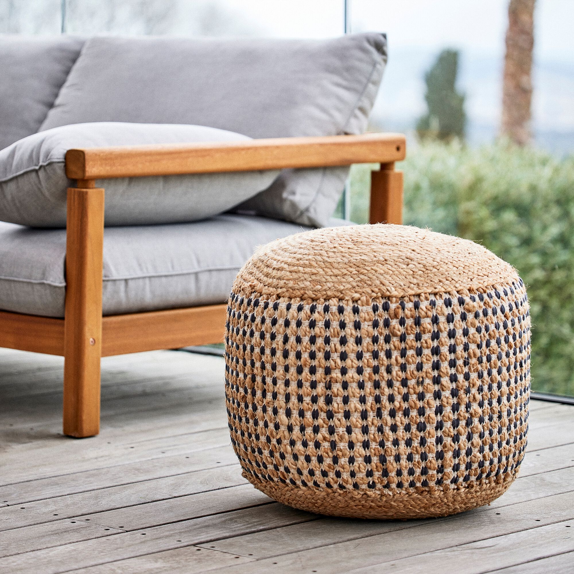 AFAR - Pouf rond en jute et coton - noir D50xH45cm