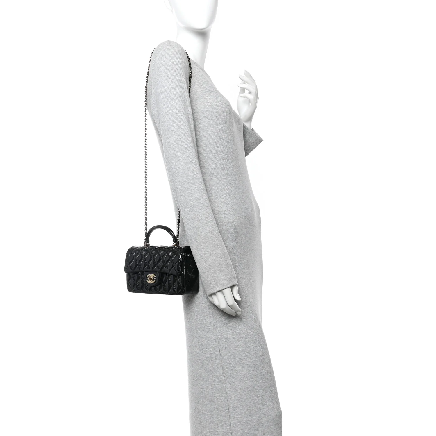 Patent Quilted Mini Top Handle Rectangular Flap Black