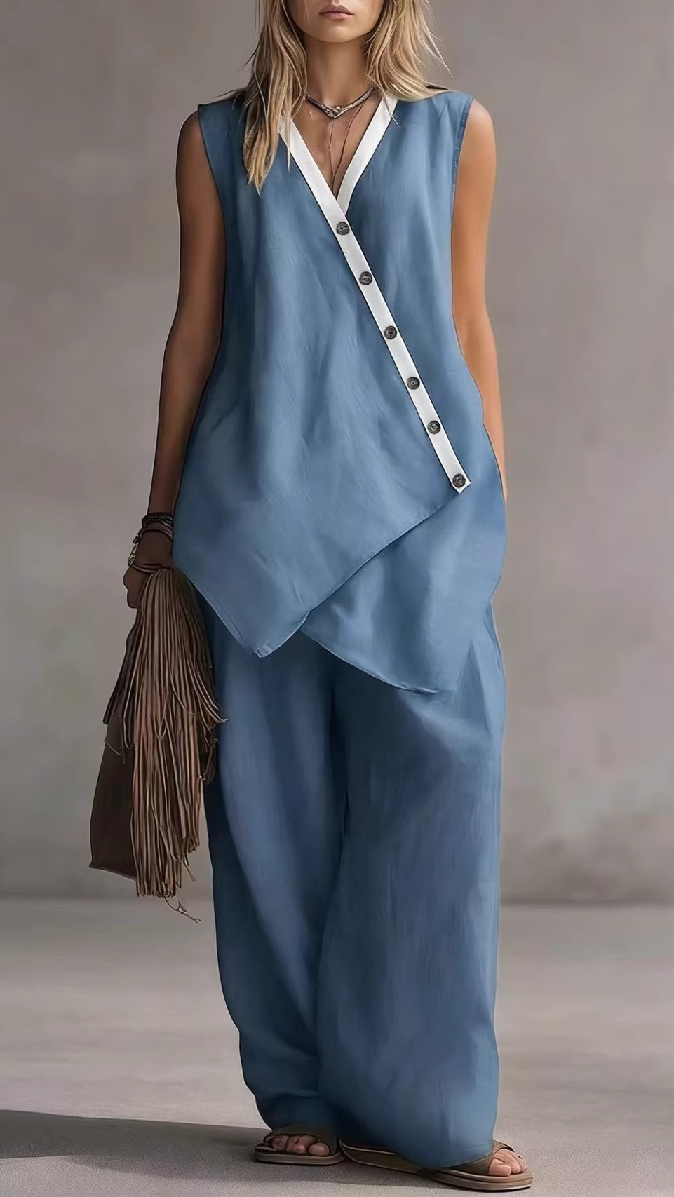 Women's V-Neck Sleeveless Wide-Leg Pants Two-Piece Set with Asymmetrical Buttons - Nordfashionstorm - Women's Clothing, Fashion for You - Nordfashionstorm.com