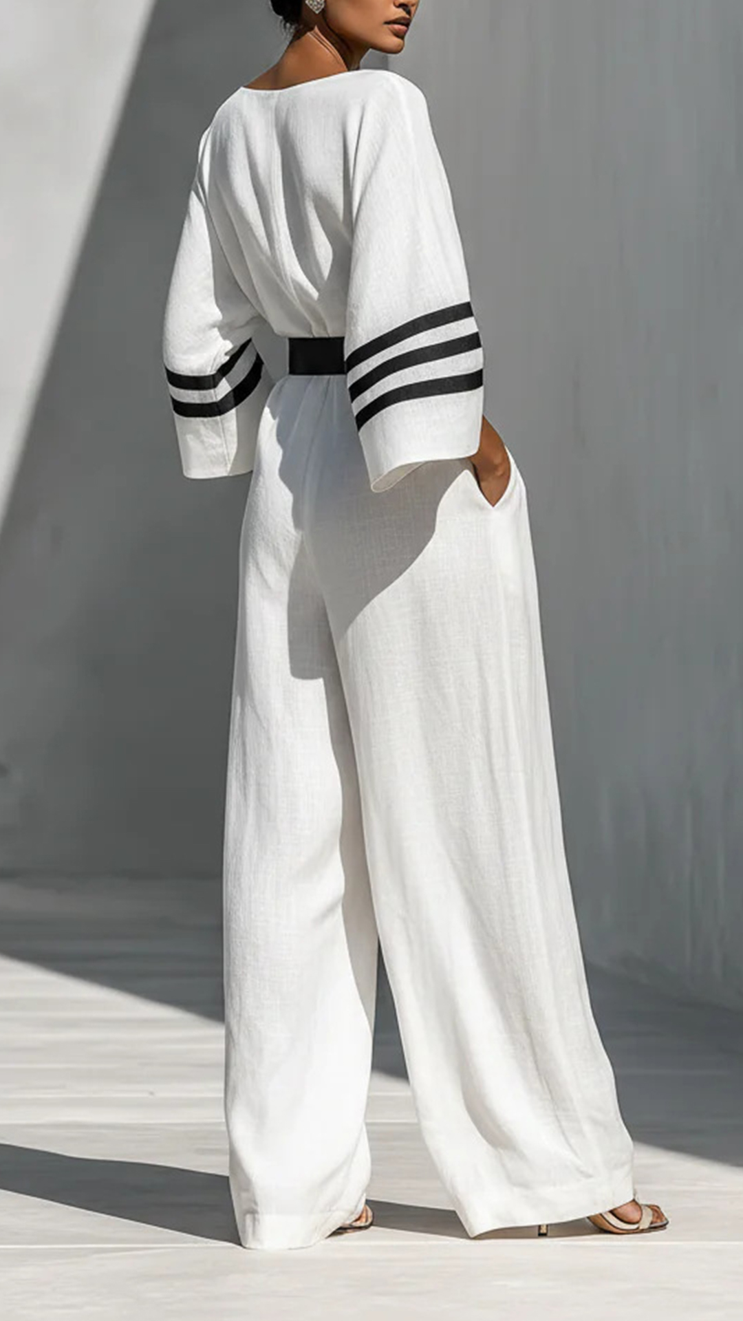 Women's Cotton-blend Striped Waist-cinching Wide-leg Jumpsuit - Nordfashionstorm - Women's Clothing, Fashion for You - Nordfashionstorm.com