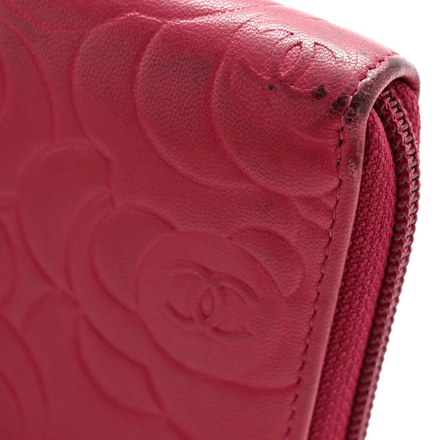 Lambskin Camellia Embossed Large Gusset Zip Around Wallet Fuchsia - Top Club