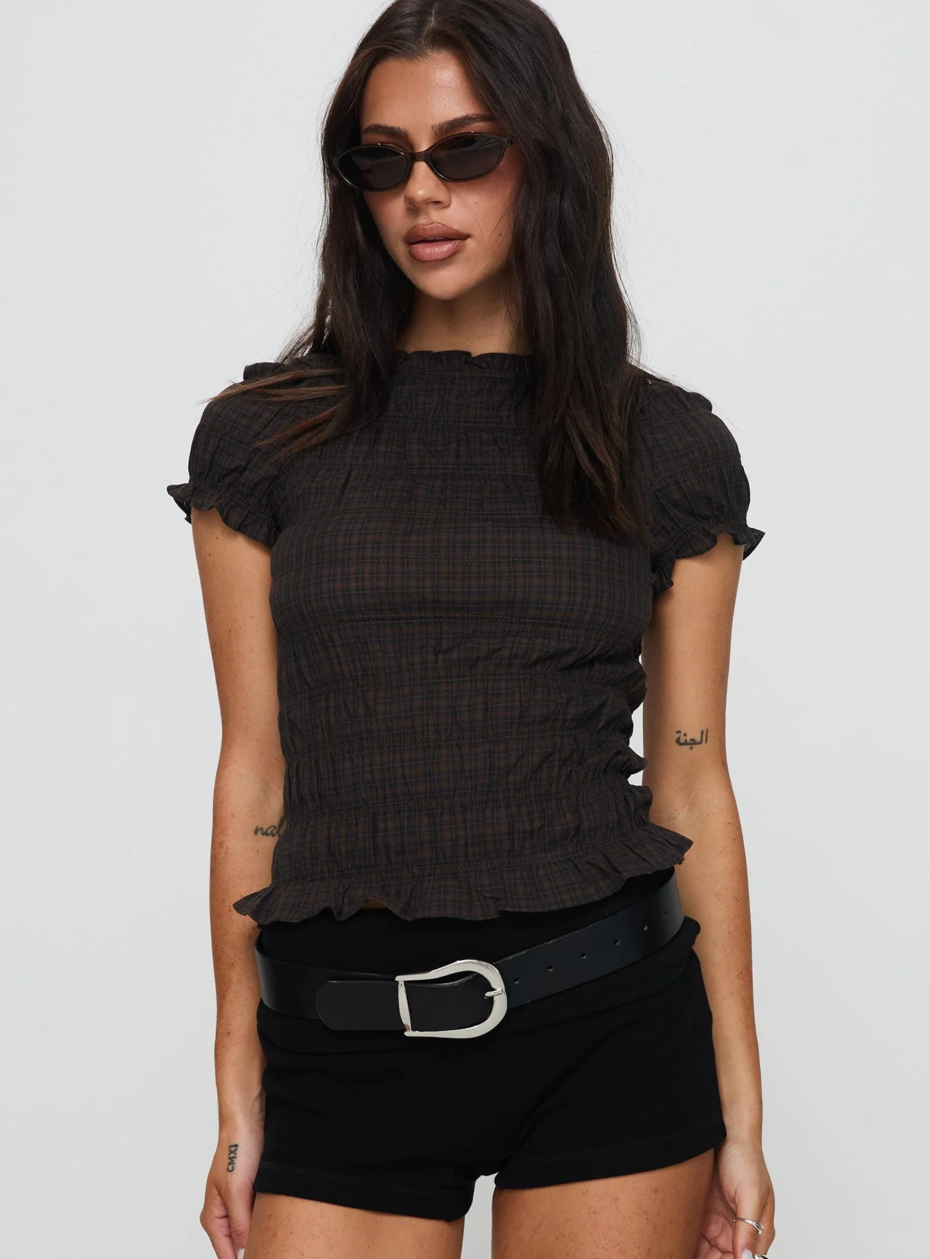 Romelle Shirred Top Black / Brown Plaid Petite