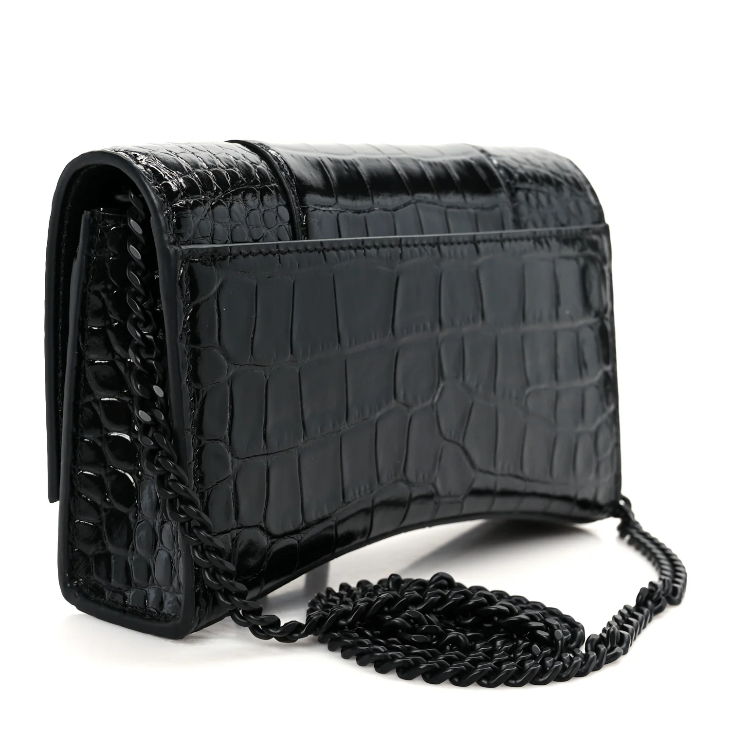 Shiny Calfskin Monochrome Crocodile Embossed Hourglass Chain Bag Black - Top Club
