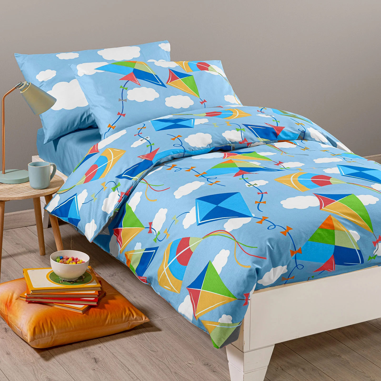 Completo Copripiumino In Cotone Aquiloni Piazza E Mezza Azzurro Caleffi Kids