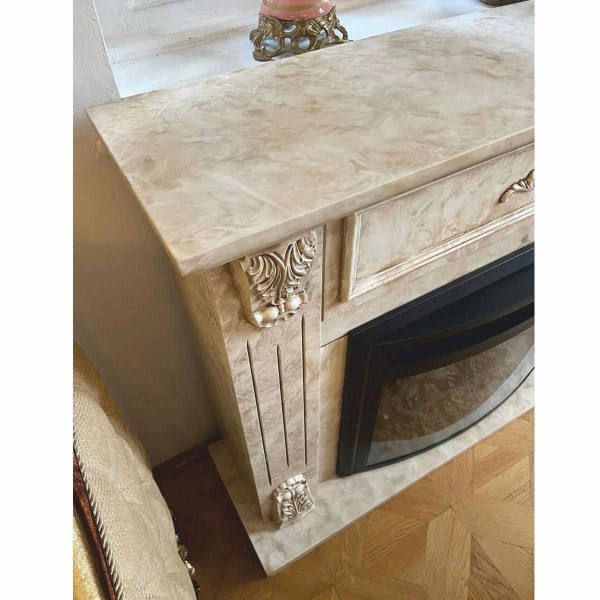 Luxury baroque electric fireplace with remote control cream 118 x 32 x H. 96.5 cm