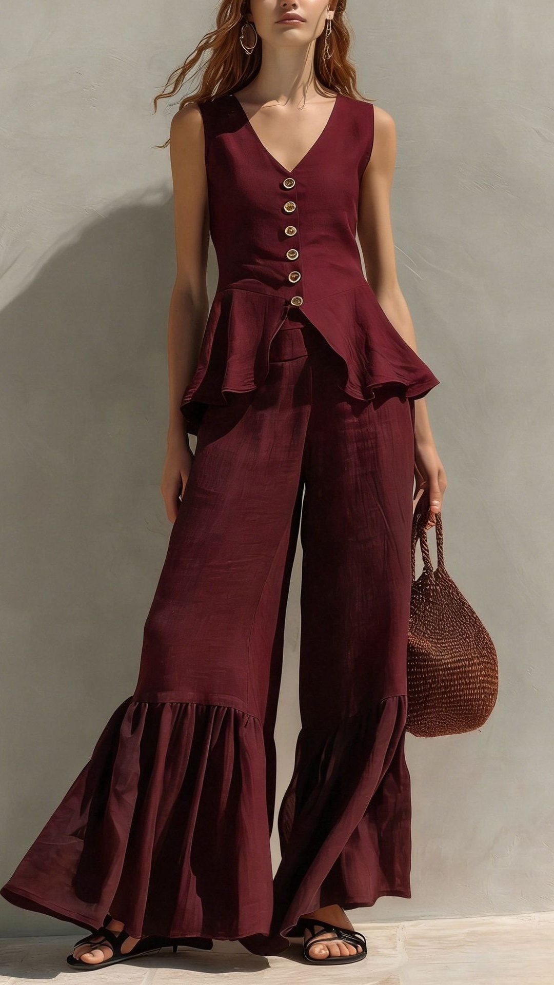 Women's V-Neck Button-Front Top & Linen Ruffled Wide-Leg Pants - Nordfashionstorm - Women's Clothing, Fashion for You - Nordfashionstorm.com