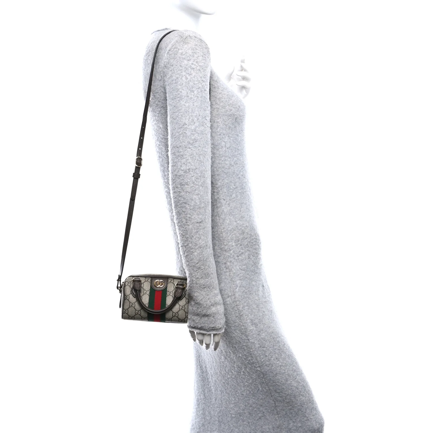 GG Supreme Monogram Textured Dollar Calfskin Web Super Mini Ophidia Top Handle Bowler Bag Beige Ebony New Acero