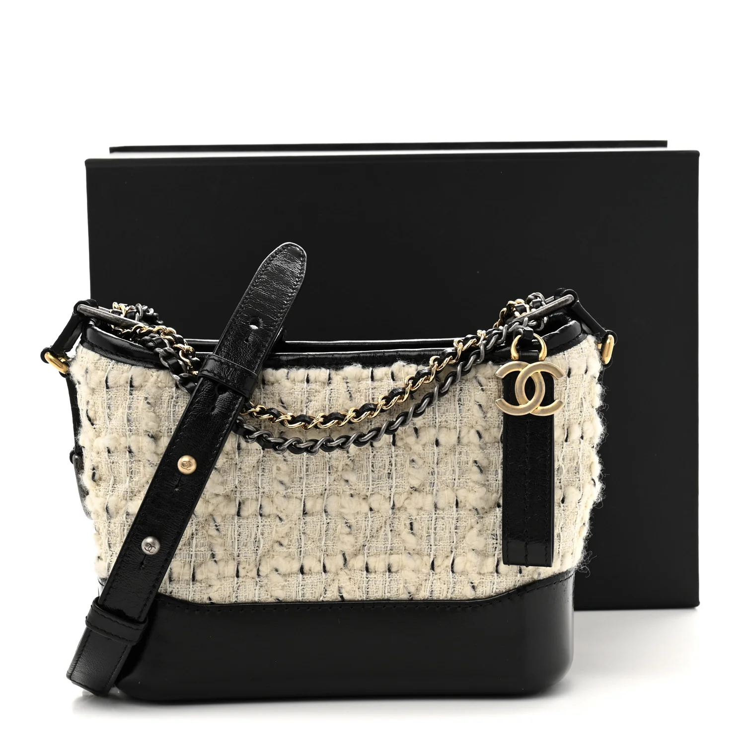 Tweed Calfskin Quilted Small Gabrielle Hobo Ivory Black - Top Club