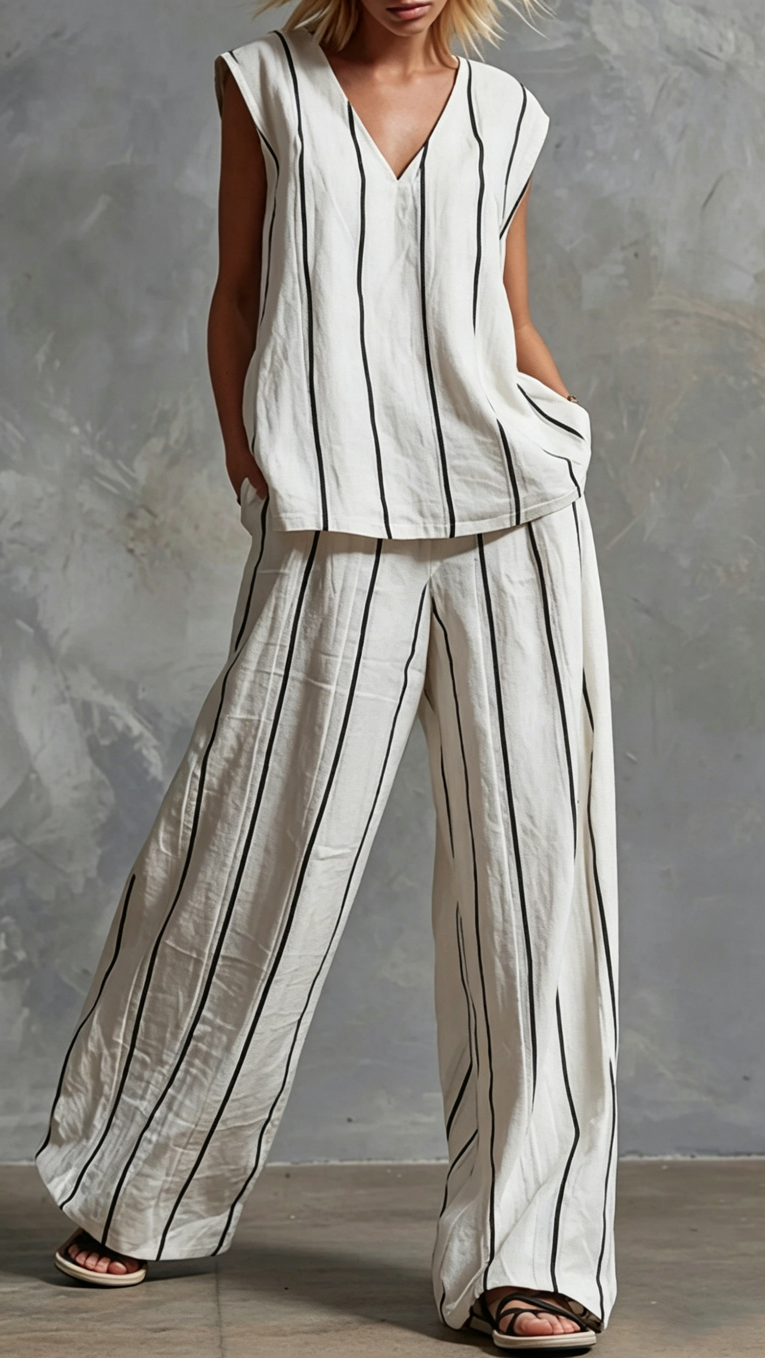 Women's Vertical-Stripe Loose-Fit Slimming Cotton-Linen Two-Piece Set - Nordfashionstorm - Women's Clothing, Fashion for You - Nordfashionstorm.com