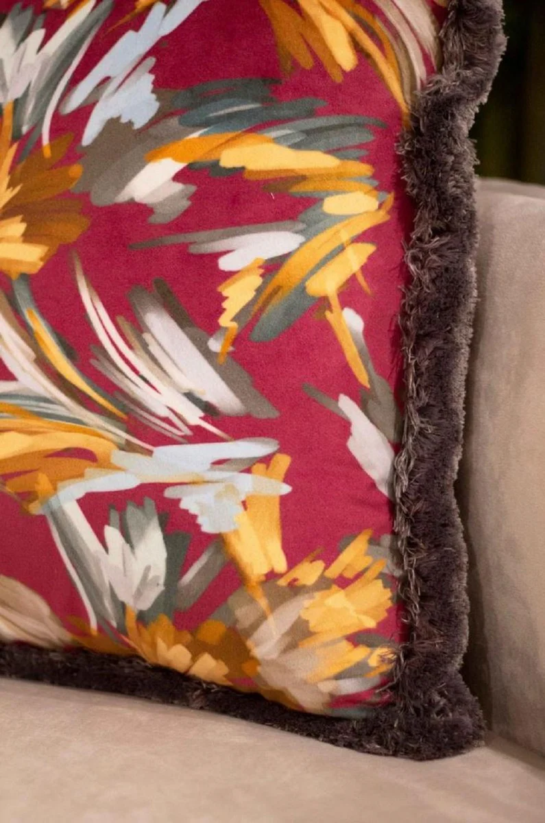 Luxury decorative cushion flowers design red / multicolored / gray 45 x 45 cm - printed velvet cushion with fringes - decorative accessories