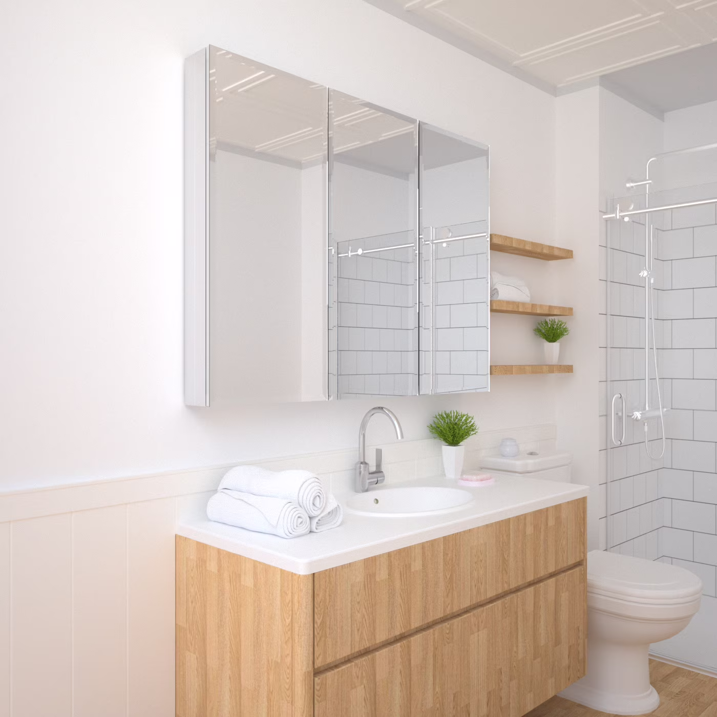 Taimei 48" W x 36" H x 4 ?D Aluminum Medicine Cabinet with Three(3) Frameless Beveled Mirror Doors, Interior Mirrors,Color Satin, Adjustable 3 Glass Shelves, Soft Closure. By: FOCA US