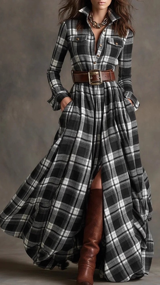 Women's Vintage Plaid Long Dress with Lapel Collar+Belt - Nordfashionstorm - Women's Clothing, Fashion for You - Nordfashionstorm.com
